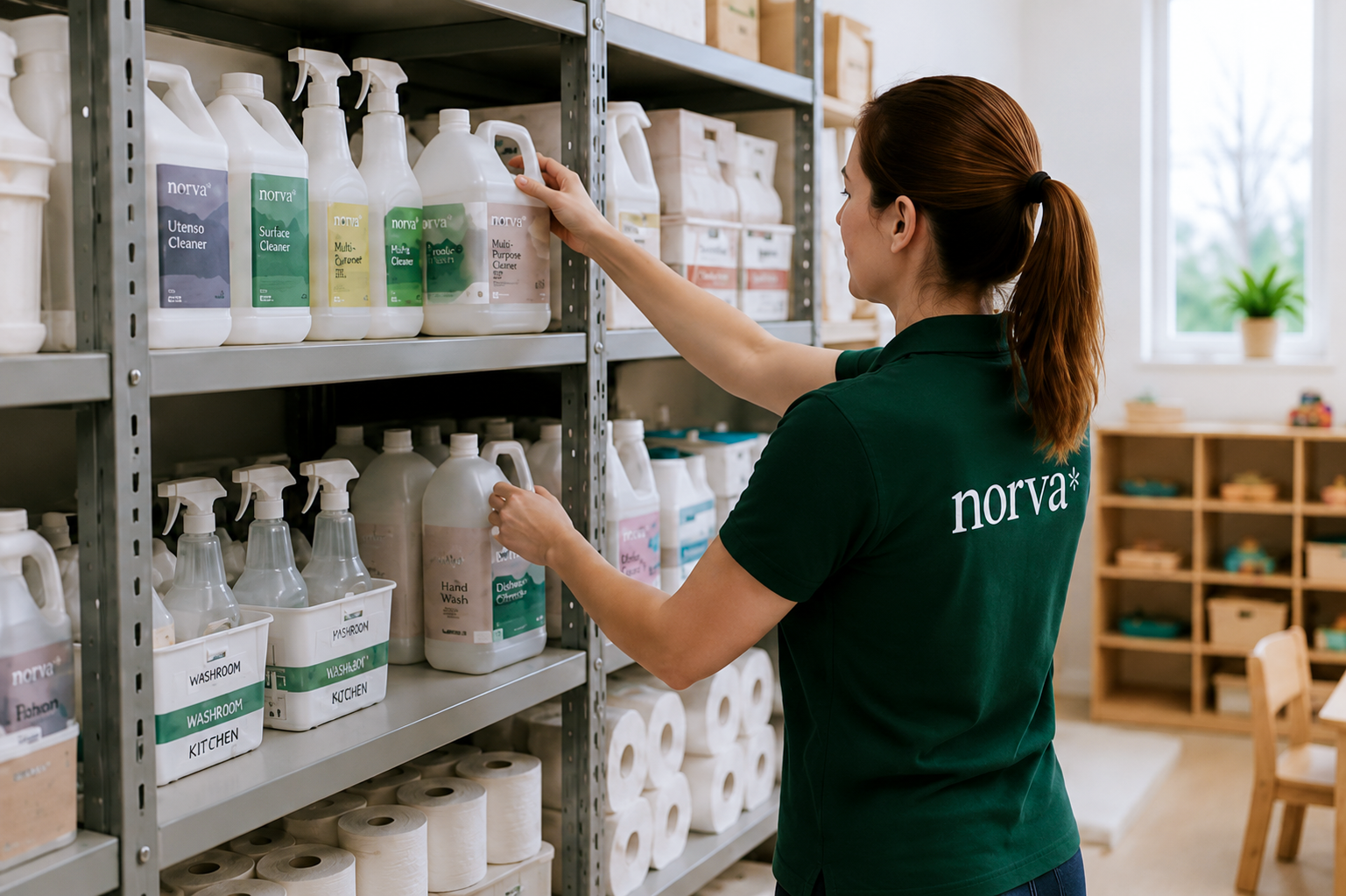 A woman with red hair tied in a ponytail wearing a dark green shirt with the word "norva" on the back, organizing cleaning supplies on metal shelves in a store or warehouse.