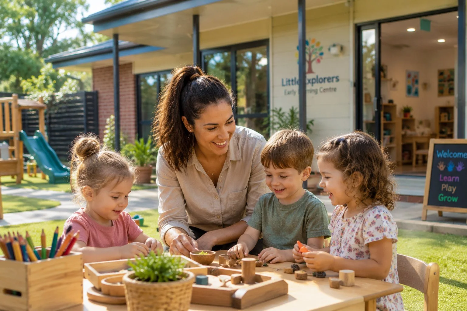 A teacher or caregiver and three young children playing with wooden toys outdoors in a sunny daycare or preschool setting, with a building labeled 'Little explorers Early Learning Centre' in the background and colorful chalkboard sign.