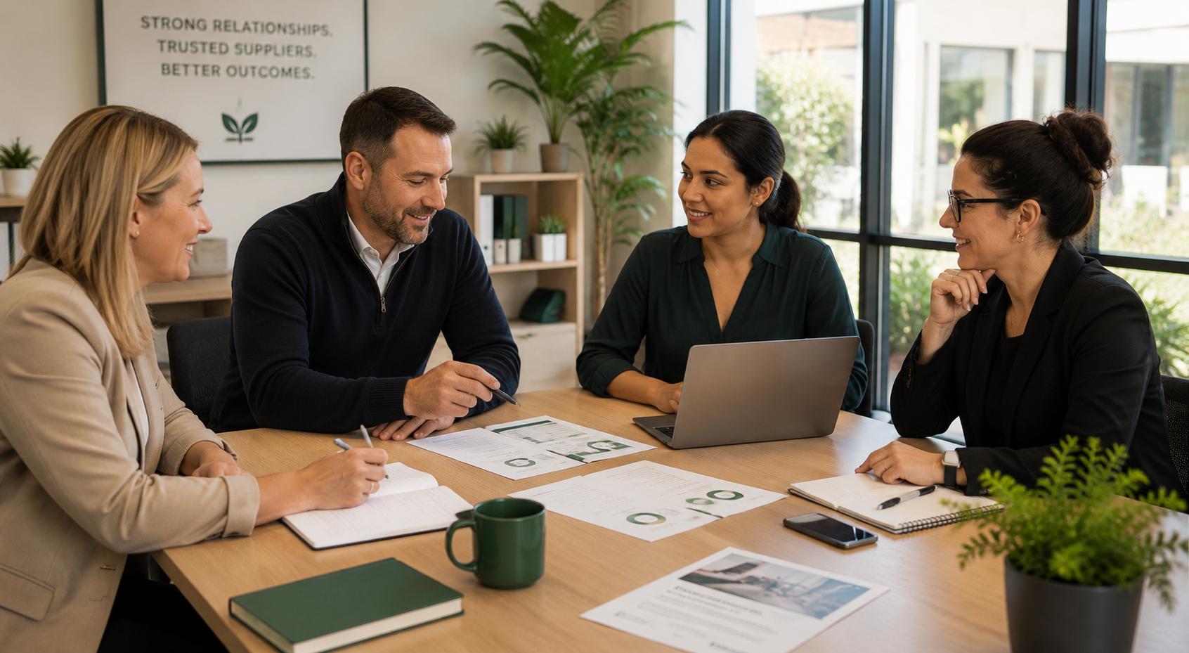 Four people sitting at a conference table having a meeting, with documents, notebooks, and a laptop present.