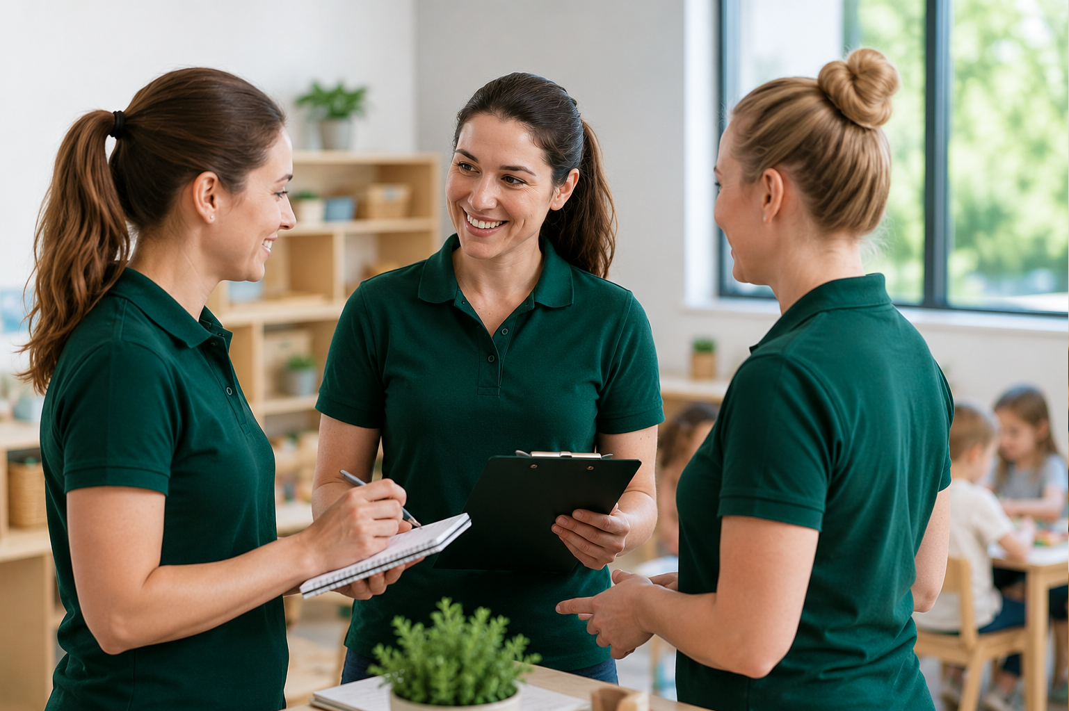 Three women in green shirts having a discussion with a clipboard in a bright room with large windows and children in the background.