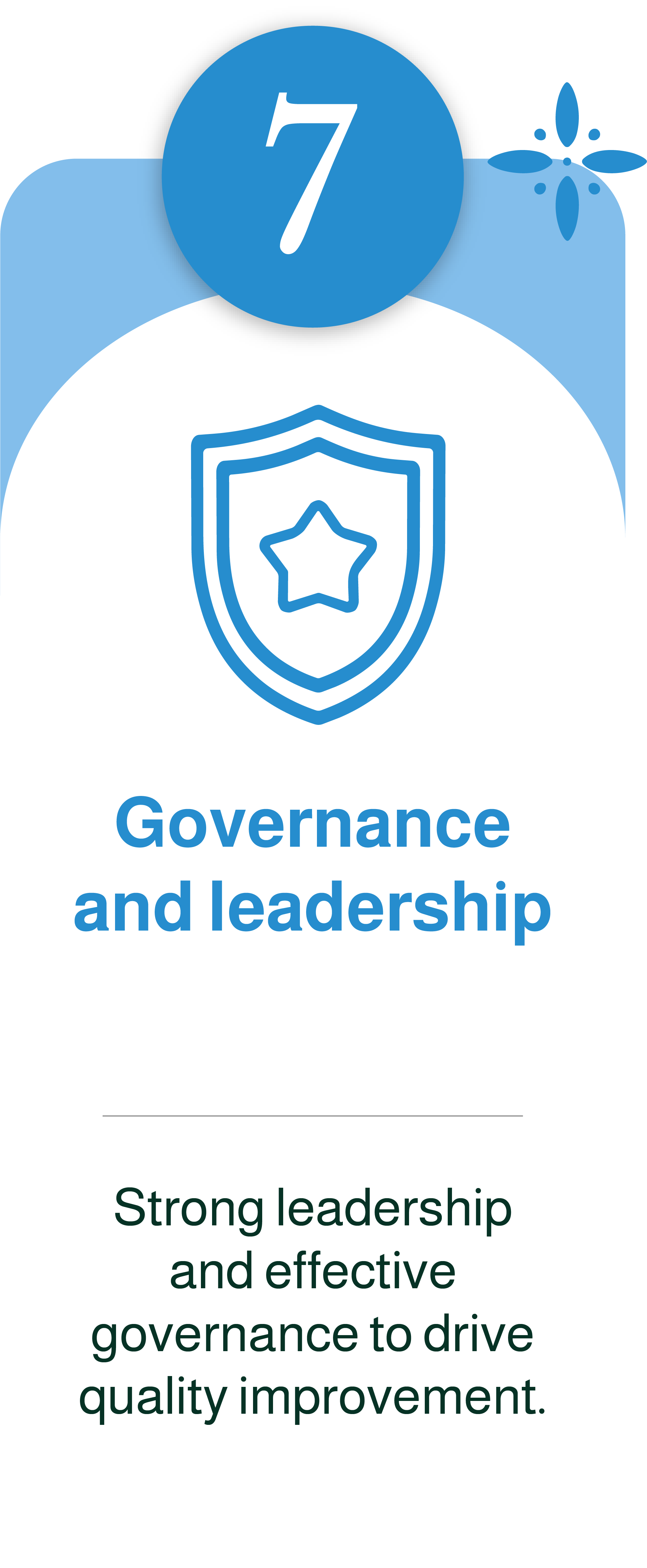 A graphic with a blue shield and star icon, the number 7, and text about governance and leadership emphasizing strong leadership and effective governance for quality improvement.