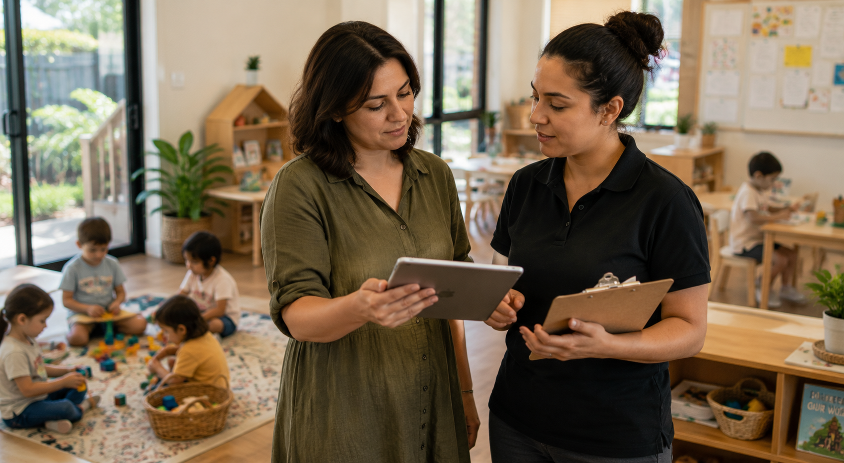 Two women discussing with a tablet and clipboard in a classroom with children playing on a rug in the background.