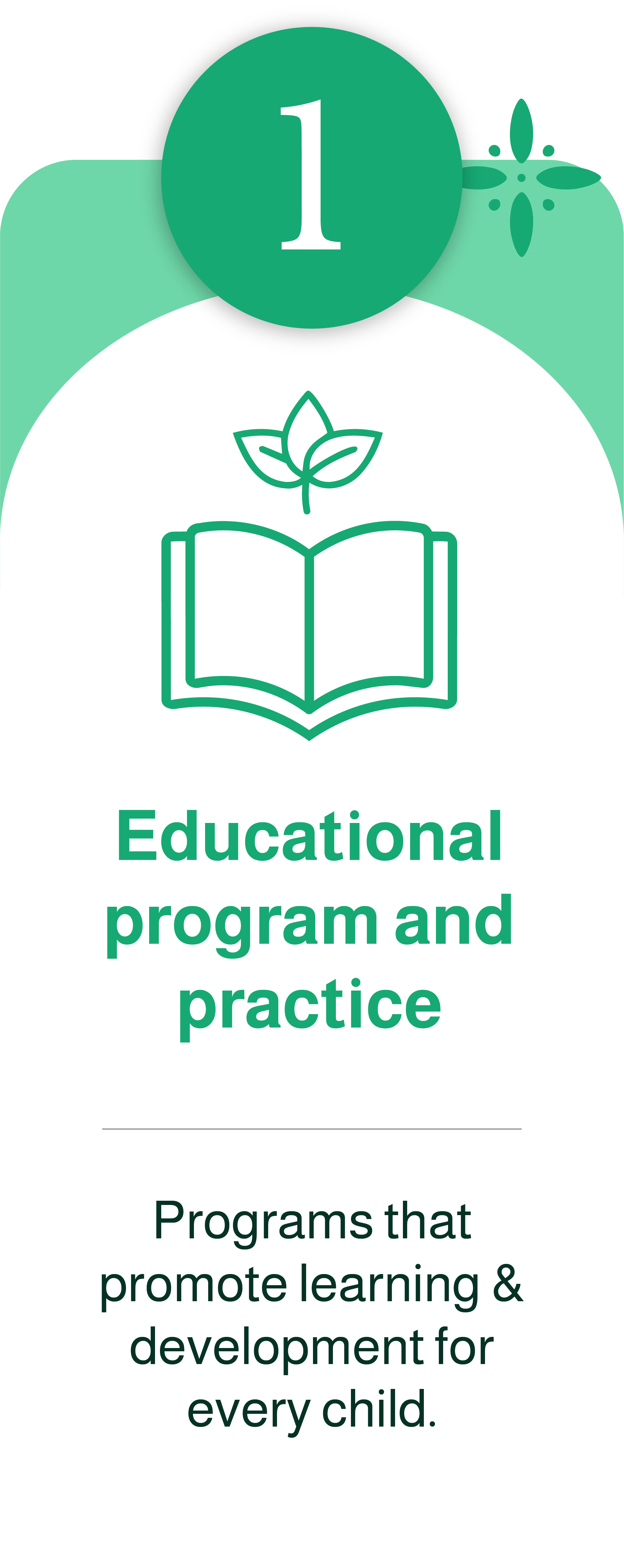 A digital infographic highlighting 'Educational program and practice' with an open book and plant icon, emphasizing programs that promote learning and development for every child.