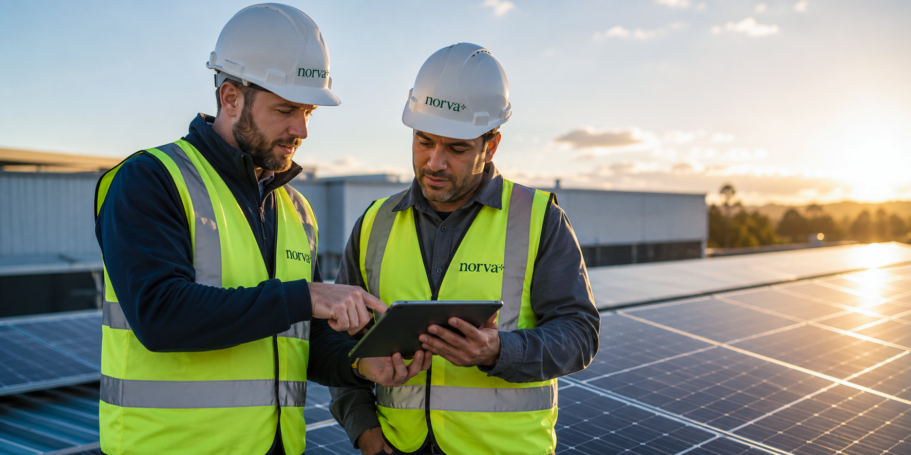 Two men wearing white hard hats and yellow safety vests with 'norva' printed on them, standing on a rooftop covered with solar panels, discussing something on a tablet during sunset.