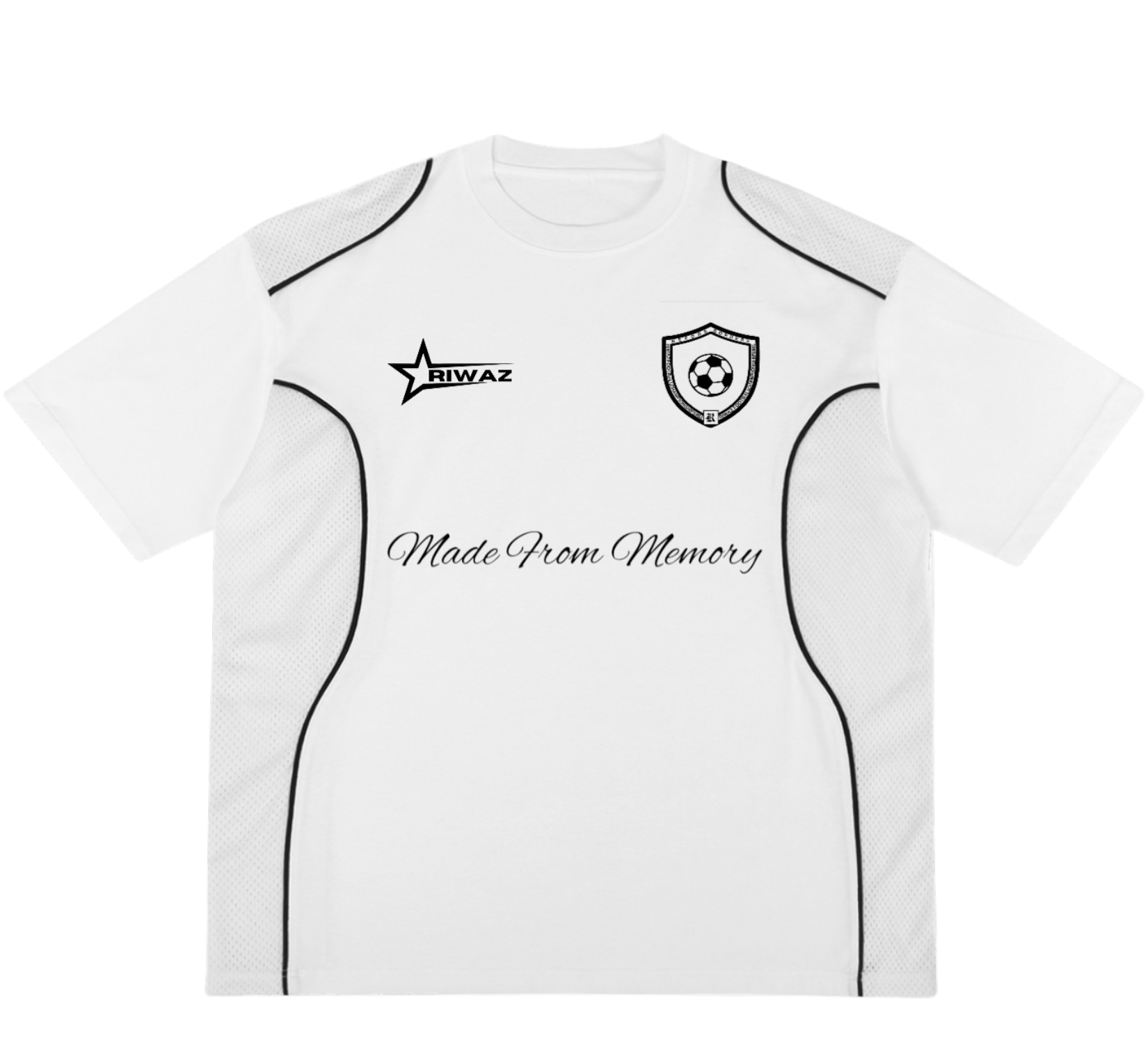 White sports jersey with black accents, featuring a soccer crest, the words "Made From Memory" on the front, and the brand "RIWAZ" with a star logo on the left chest.