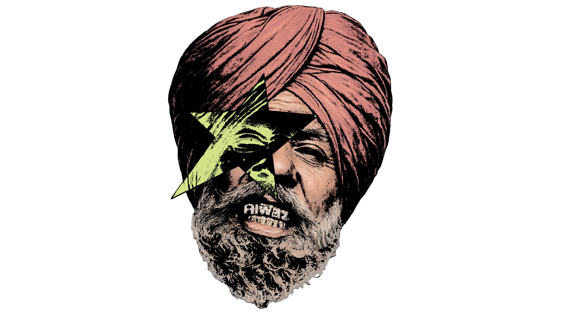 A graphic illustration of a man's head with a patterned turban. The face appears to be screaming with visible teeth, and a graphic design on his face/eye area that overlays the face. The image has a dark background.