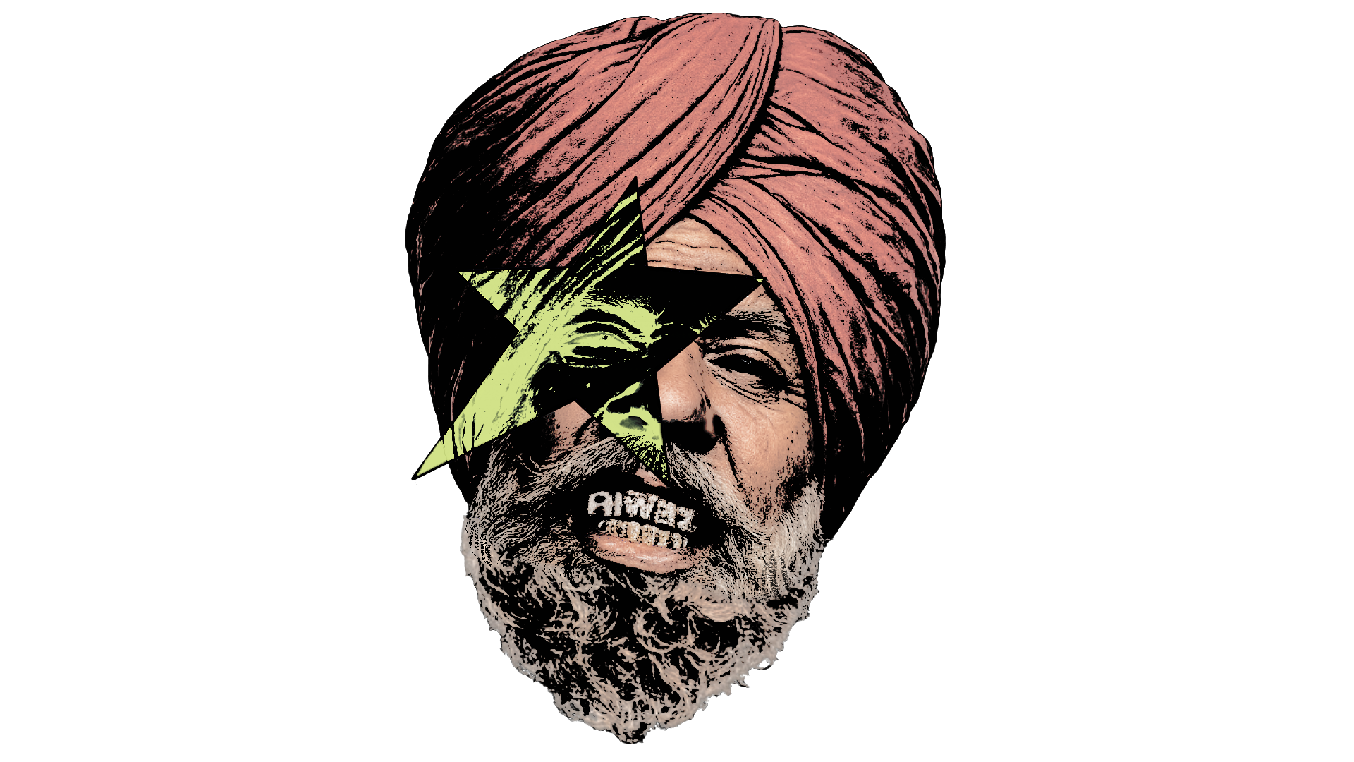 A digitally edited portrait of an elderly man wearing a turban, with a stylized star across his face and the word 'riwaz' on his teeth as grills.