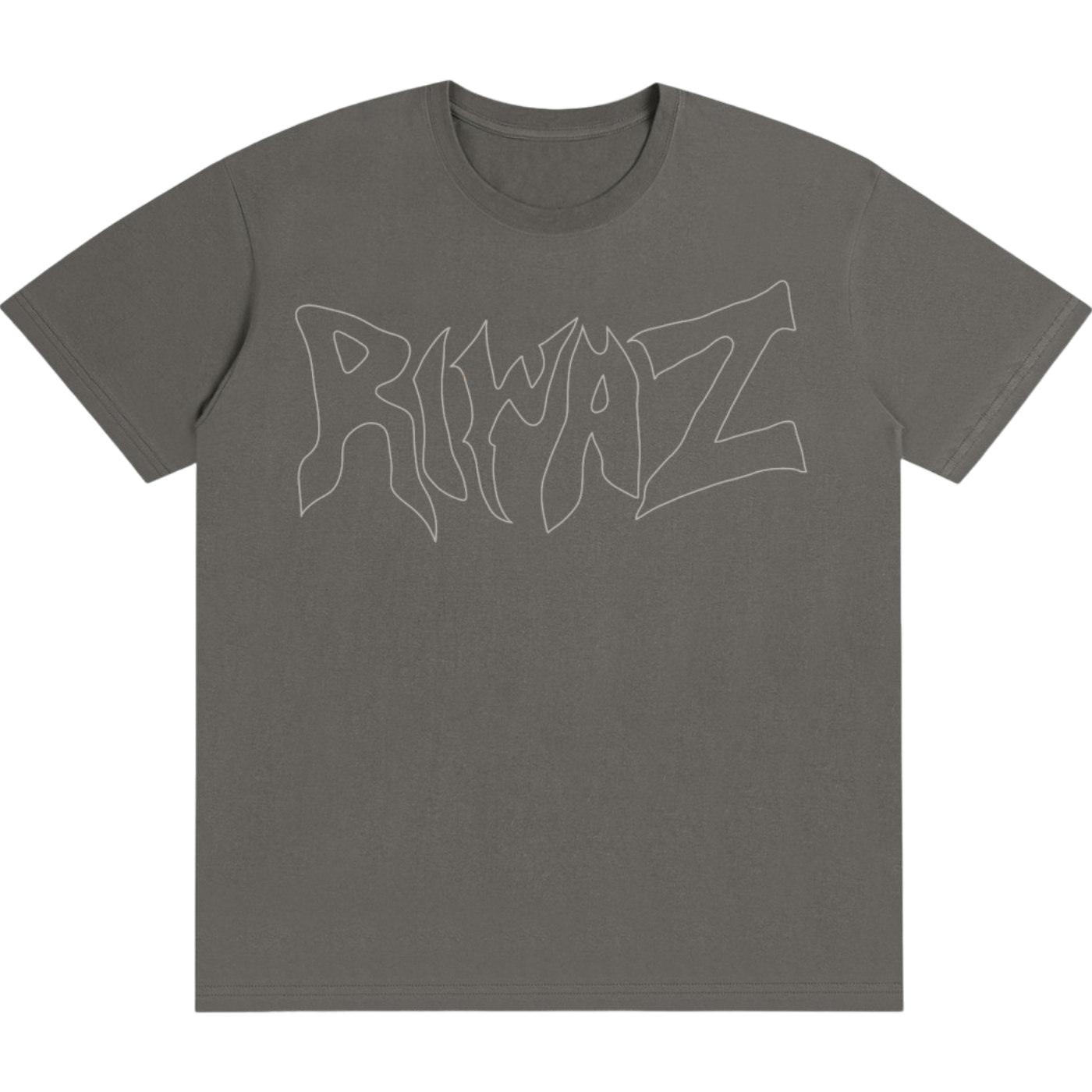 Gray t-shirt with the word 'riwaz' written in graffiti-style text in white outline.