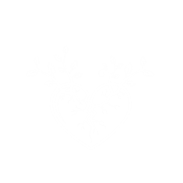 A white heart with roots and small trees growing from it on a black background.
