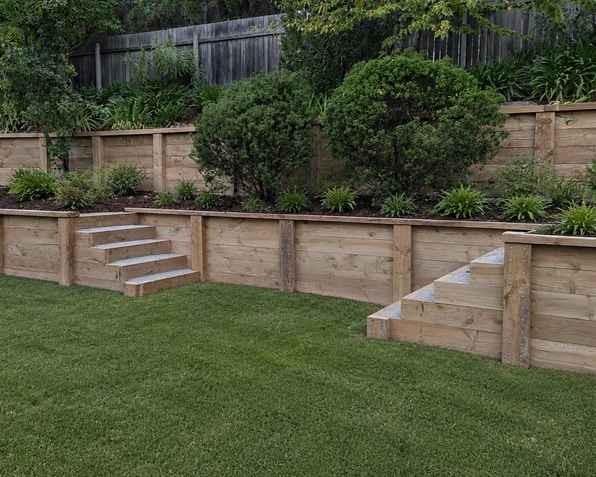 Wooden tiered garden beds with stairs, filled with green plants and shrubs, with a green lawn in the foreground and a black fence in the background.