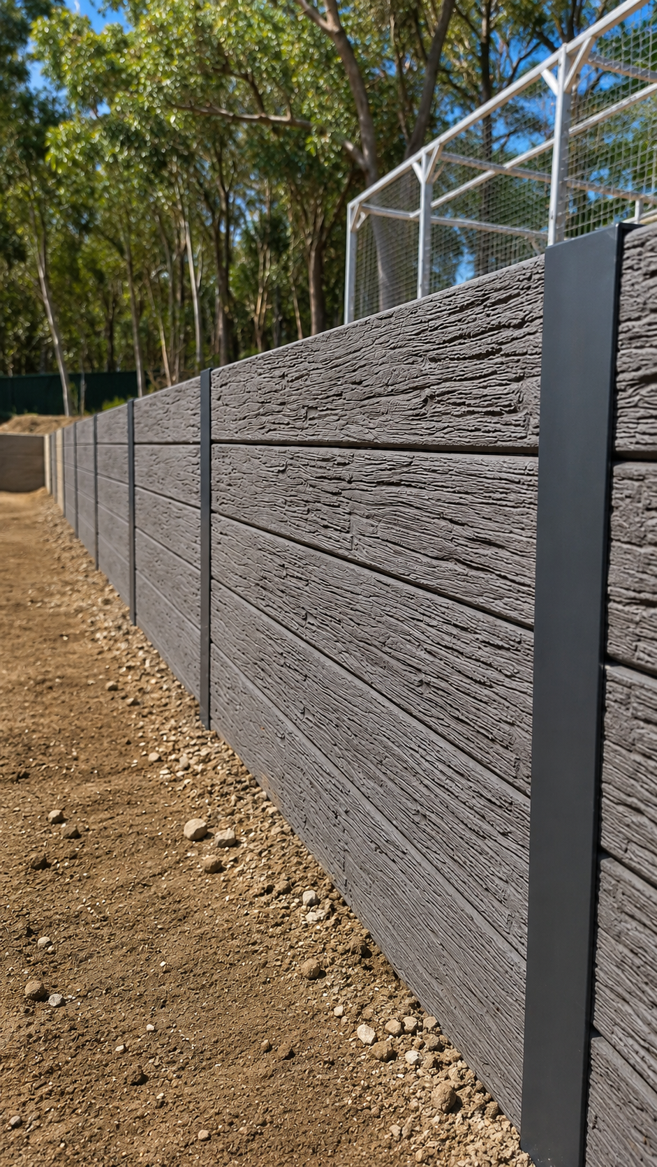 Close-up of a new timber-look concrete retaining wall with metal posts, running along a dirt ground with trees and a chain-link fence in the background during daytime.