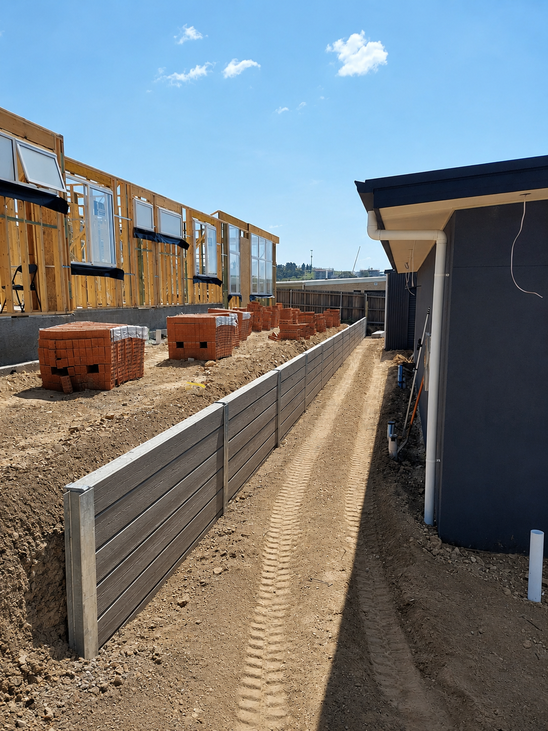 Side view of a construction site with a brick wall and stacks of bricks, a dirt path, and partially built structure with wood framing and windows under a blue sky.