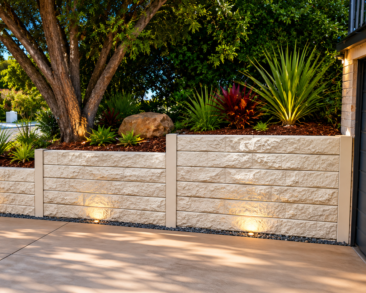 Decorative garden with large tree, rocks, and various plants behind a beige stone wall, illuminated by ground lights.