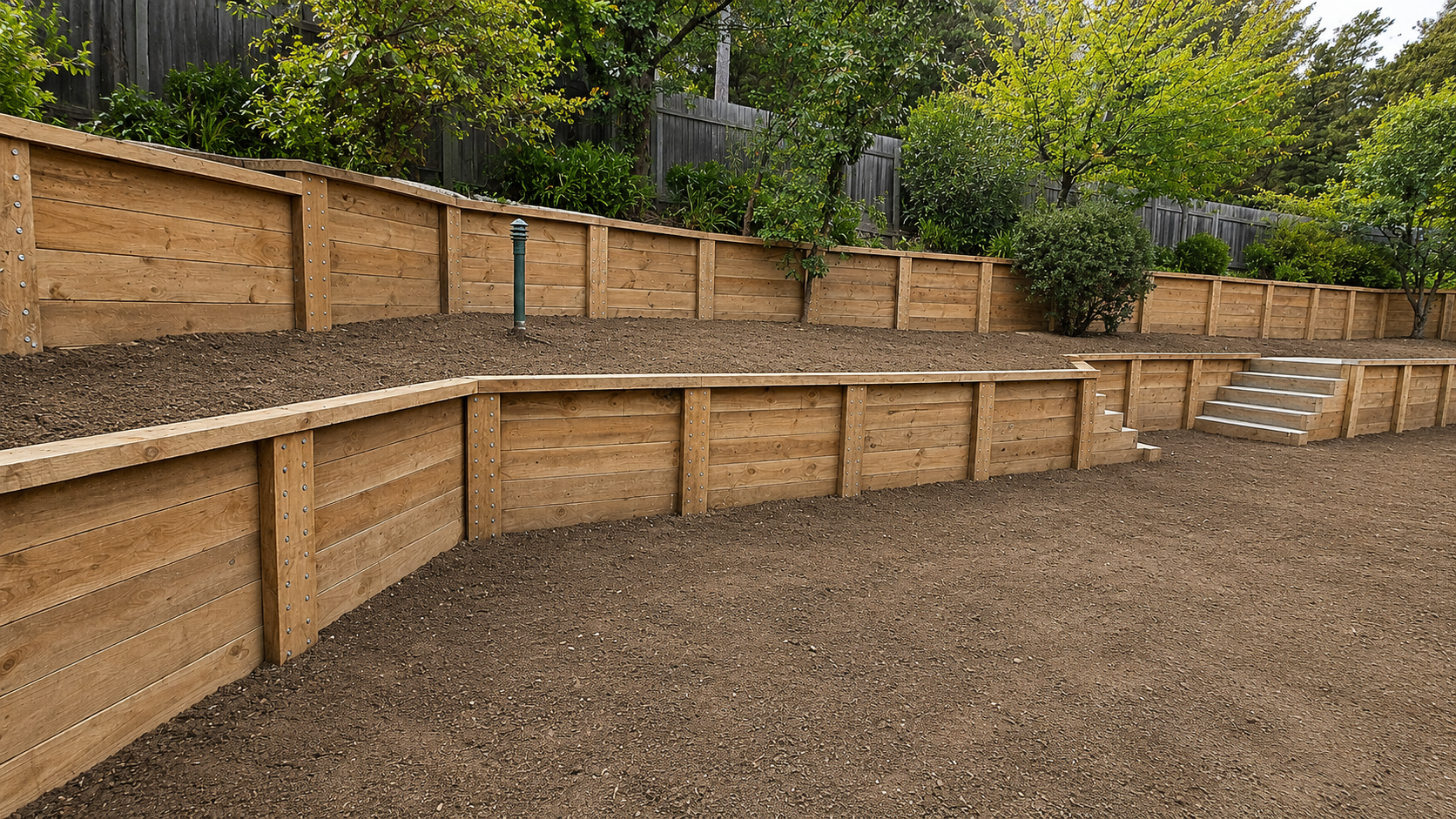 A tiered wooden retaining wall with stairs, surrounding a landscaped yard with trees and shrubs, and a dirt ground in the foreground.