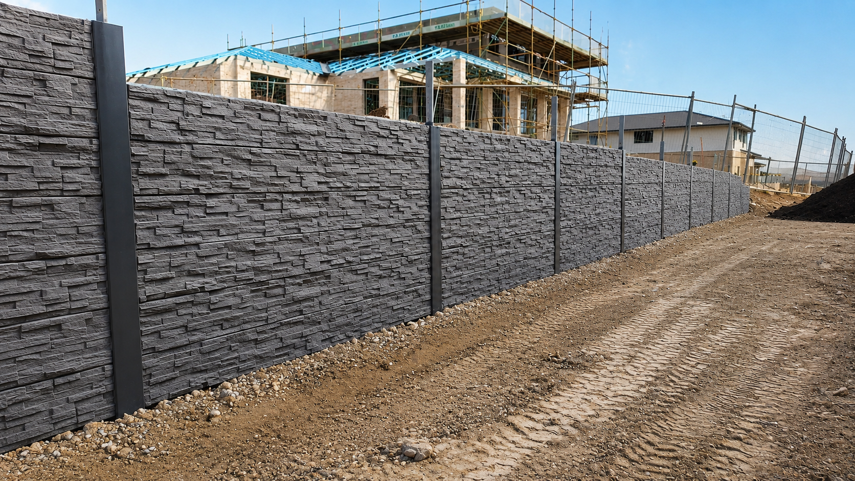 Construction site featuring a newly constructed stone-style privacy fence, with a dirt road and a house under construction in the background.