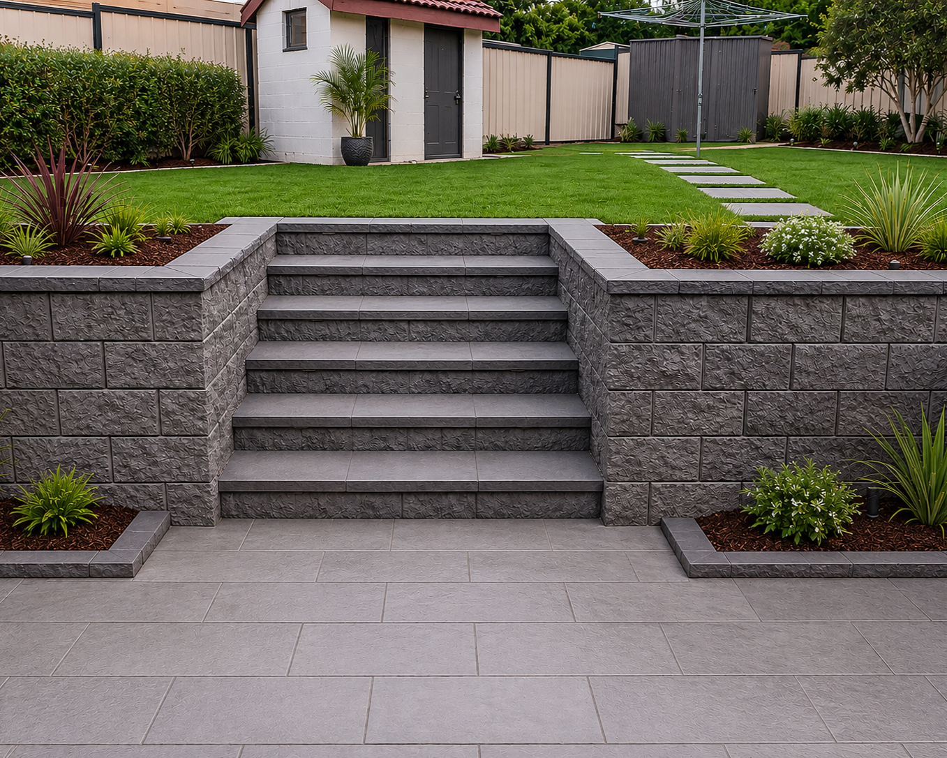 A backyard with a landscaped garden, gray stone steps leading up to a grassy area, and a small storage shed in the background. There are flower beds with various plants and bushes on both sides of the steps, and a paved patio area in the foreground.