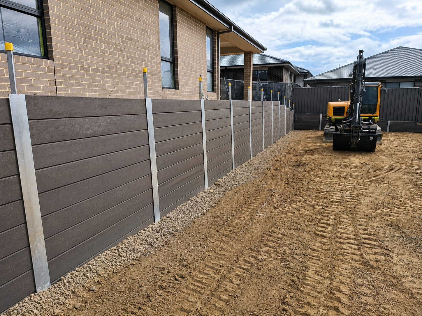 Construction site with a new dark brown wooden fence being built along a brick house. A small yellow and black excavator is parked on dirt ground with tire tracks.