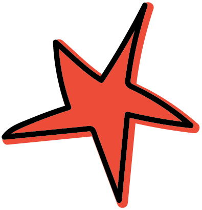 A red starfish with black outline and a small tan section at the top right point.