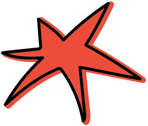 Red starfish with bold black outline on a black background.