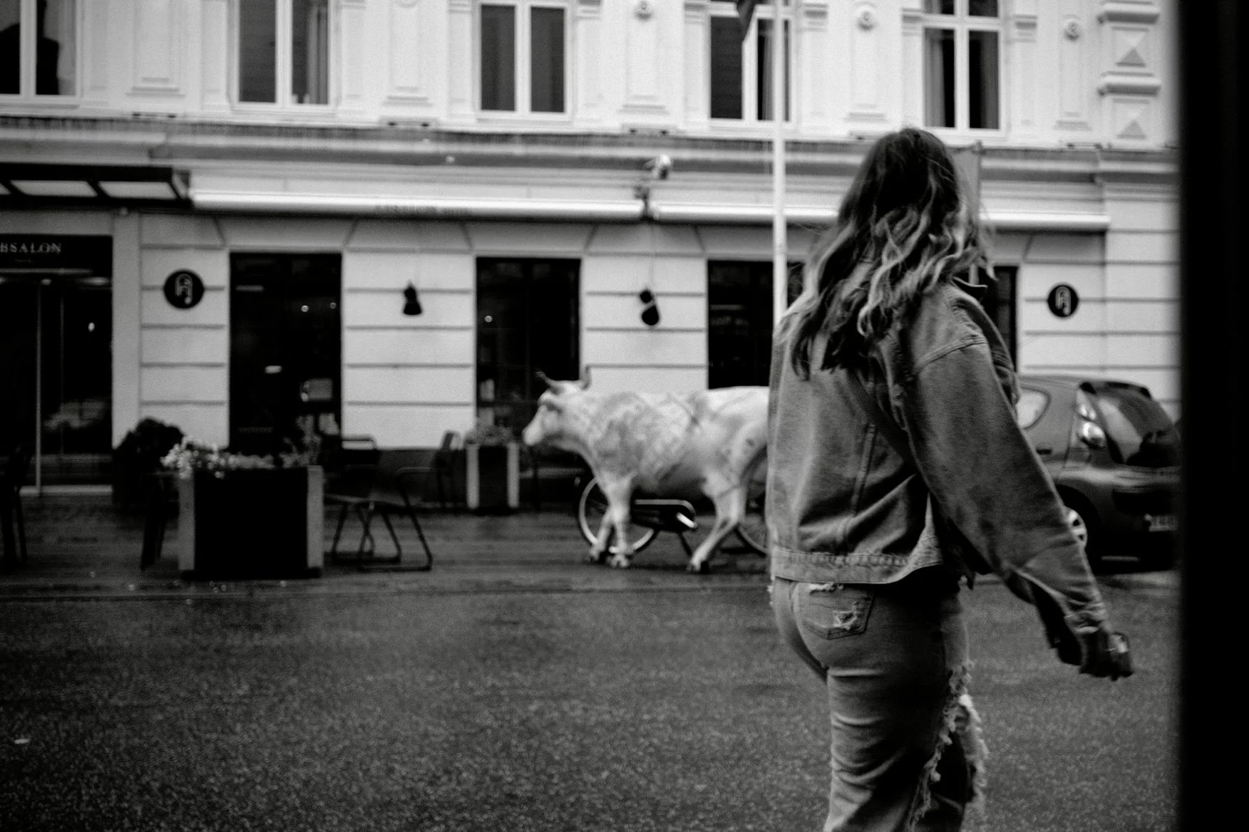 Street photography in bianco e nero a Bergen: donna ripresa di spalle che cammina per strada, con una surreale statua di mucca bianca sullo sfondo. Fotografia urbana di Jim Veronese.