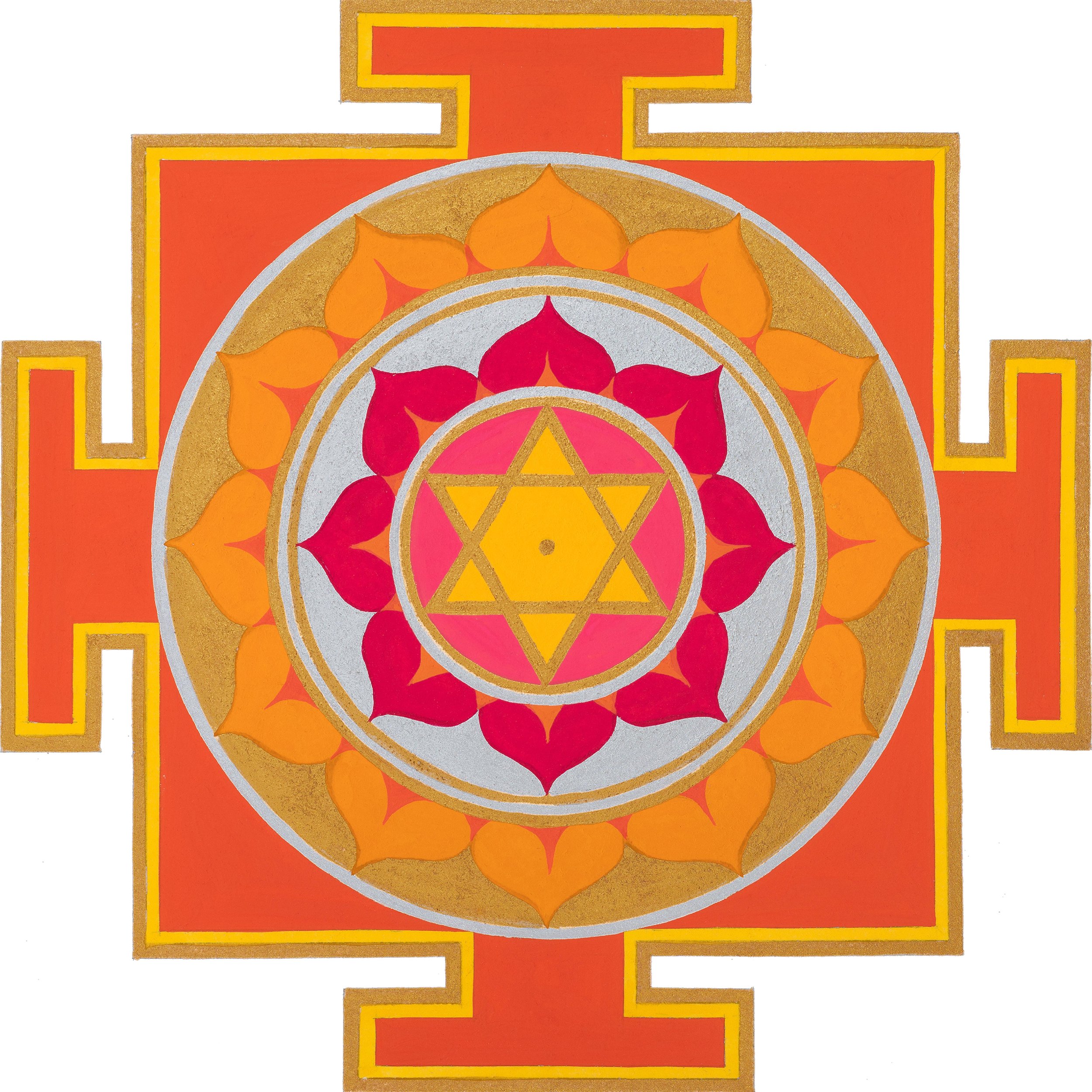 Gayatri Yantra. A colorful mandala with a central pink triangle, surrounded by red and orange petal-like shapes, within a symmetrical geometric design outlined in gold and yellow, on an orange and red background.