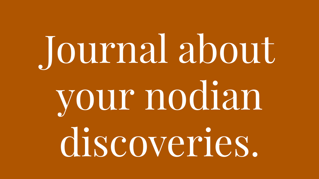 Text on a brown background that reads 'Journal about your nodian discoveries.'