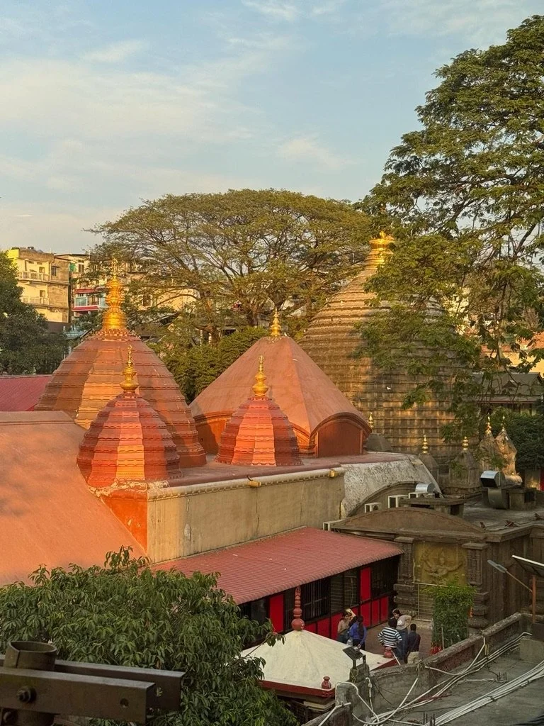 Multiple small and large traditional Hindu temples with decorated conical pagoda-style roofs in an urban setting, surrounded by trees and buildings, with a few people walking below.