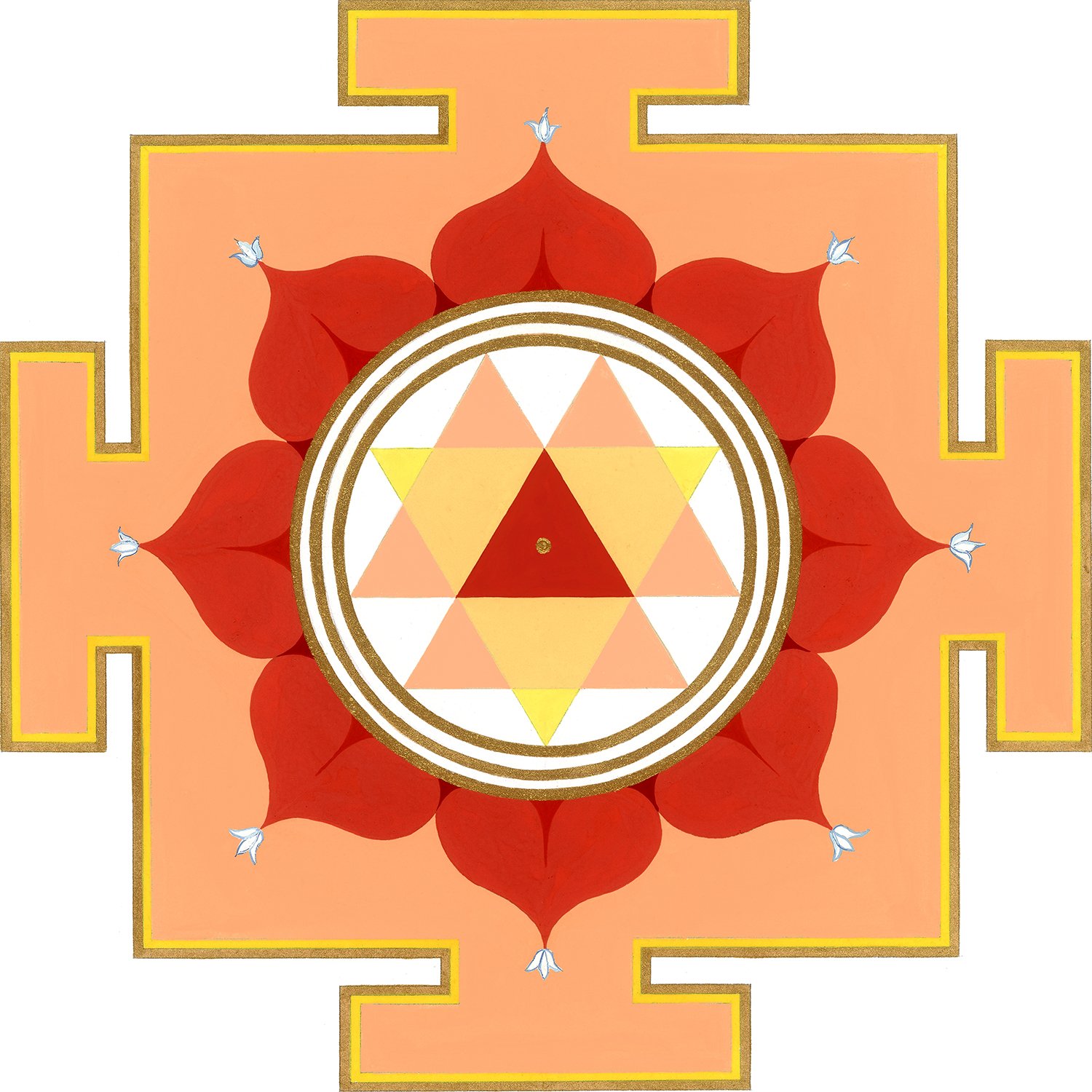 A geometric and spiritual design featuring a central yellow and red star of David surrounded by a white circle with gold and brown borders. Red petal-like shapes radiate outward, with small white lotus flowers at the tips. The background is peach-colored with a decorative yellow-bordered square frame.