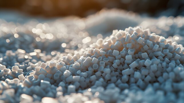 Close-up of small white plastic pellets outdoors.