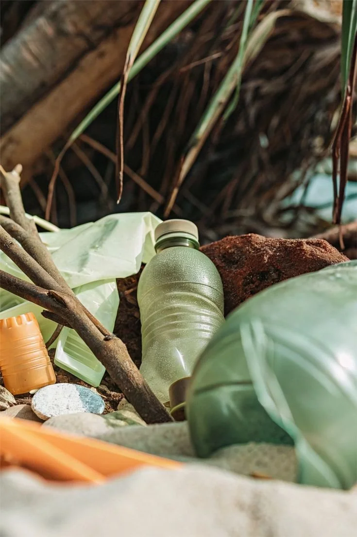 A plastic water bottle lying in sand amidst leaves, sticks, and other debris on a beach or outdoor area.