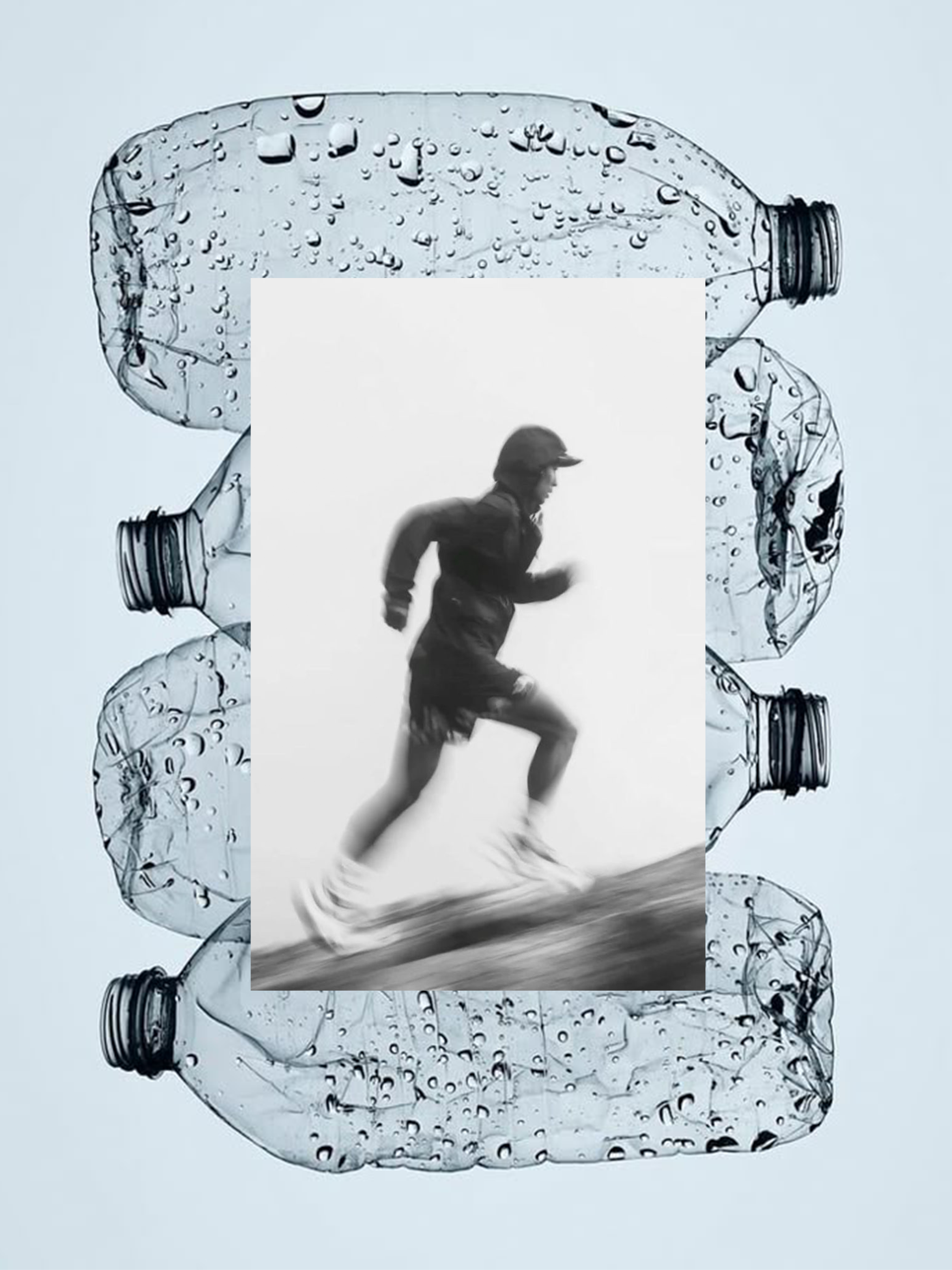 A woman running with a baseball cap on her head.