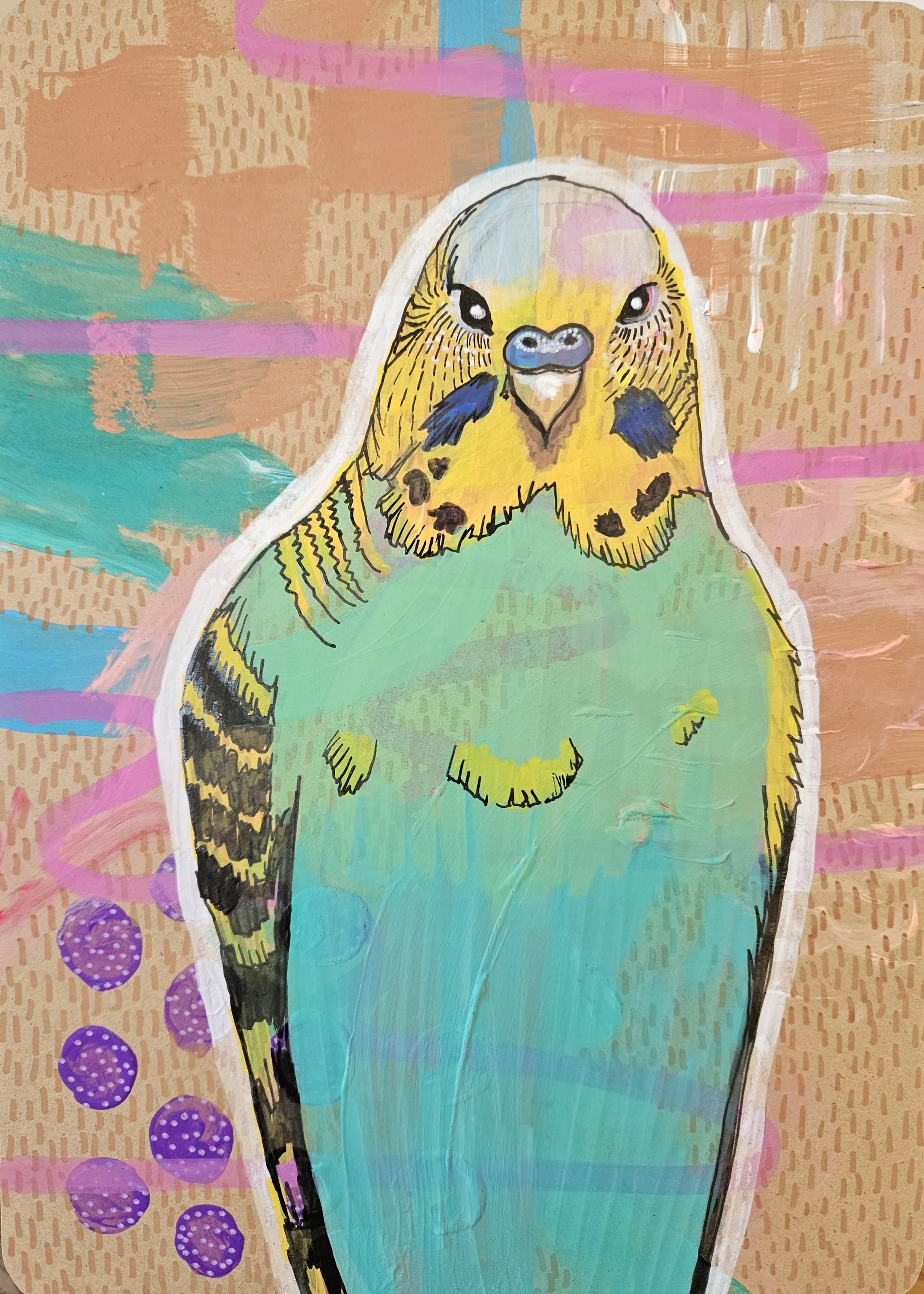 Colorful modern painting of a bird with yellow and black feathers, a blue beak, and expressive eyes, standing against an abstract background with pastel pink, peach, blue, and purple hues.