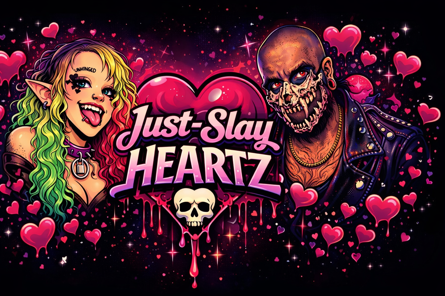 Illustration of a woman with pointed elf-like ears, colorful curly hair, a tongue piercing, and tattoos, alongside a man with a skull face and a leather jacket, surrounded by pink and purple hearts and stars, with the text 'Just-Slay Heartz' and a dripping skull in the center.