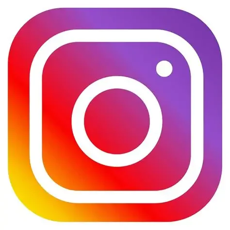 Instagram logo with a white outline, featuring a gradient background with purple, pink, orange, and yellow hues.