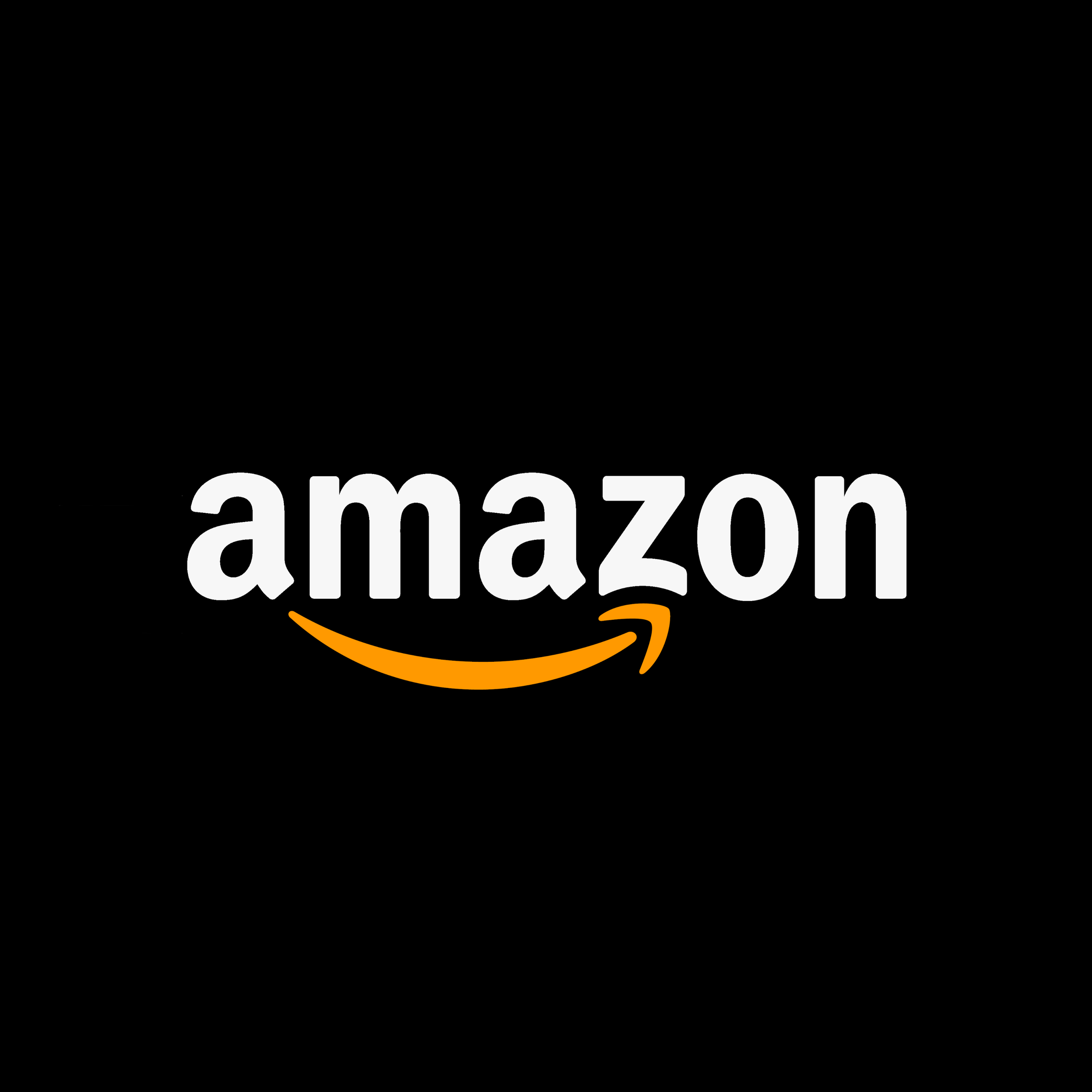 Amazon logo on a black background with white text and orange arrow underneath.