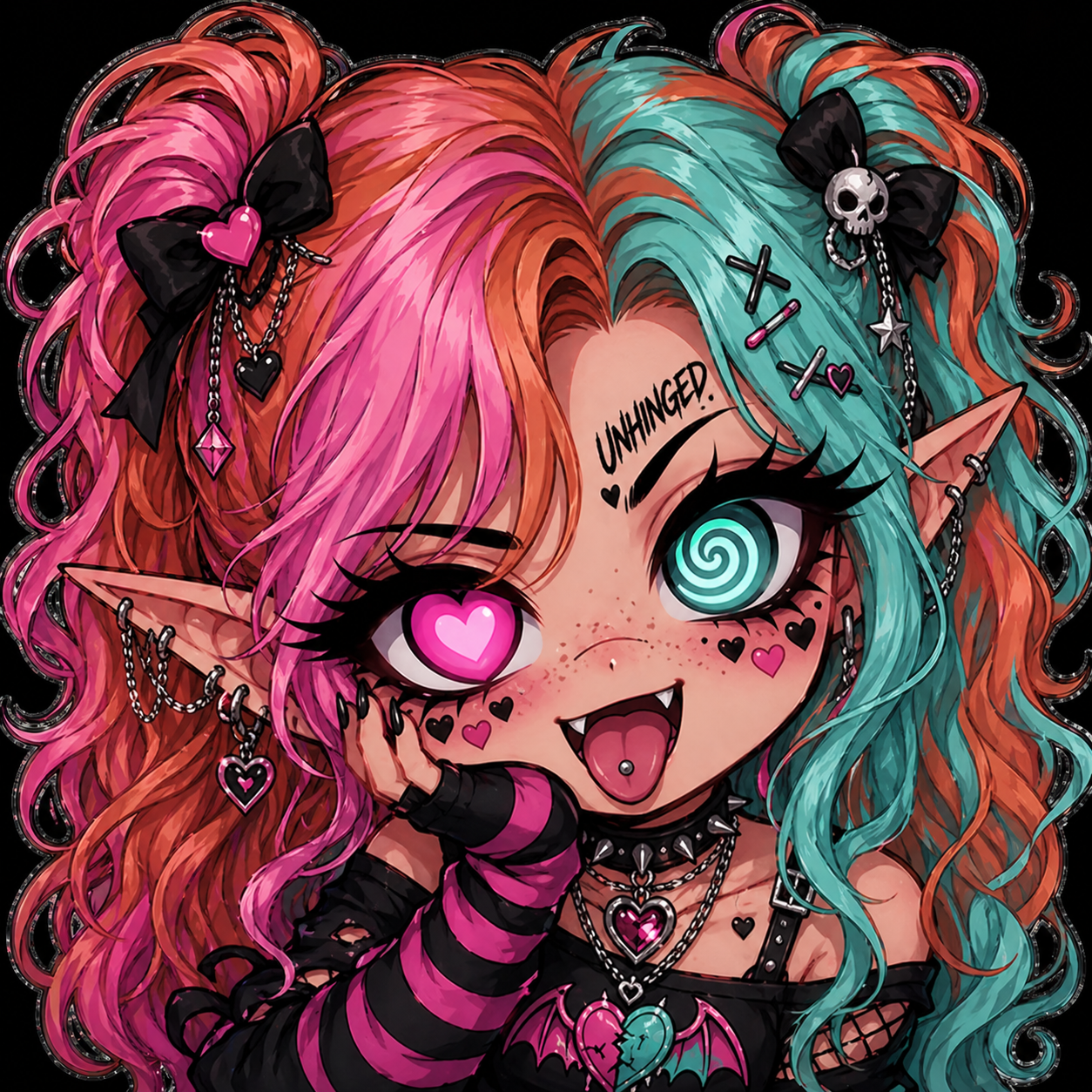 A cartoon-style fantasy character with pink and teal hair, pointed elf-like ears, and vibrant makeup. She is wearing chains, hearts, and skull accessories, with a playful, mischievous expression, showing fangs, and a spiral on her eye. She has the word "UNHANGED!" written on her forehead, and her pose indicates a playful or teasing attitude.