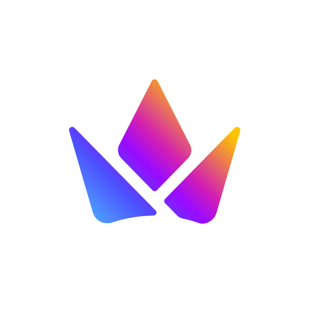 A colorful geometric crown logo with gradient shades of blue, purple, pink, orange, and yellow on a white background.