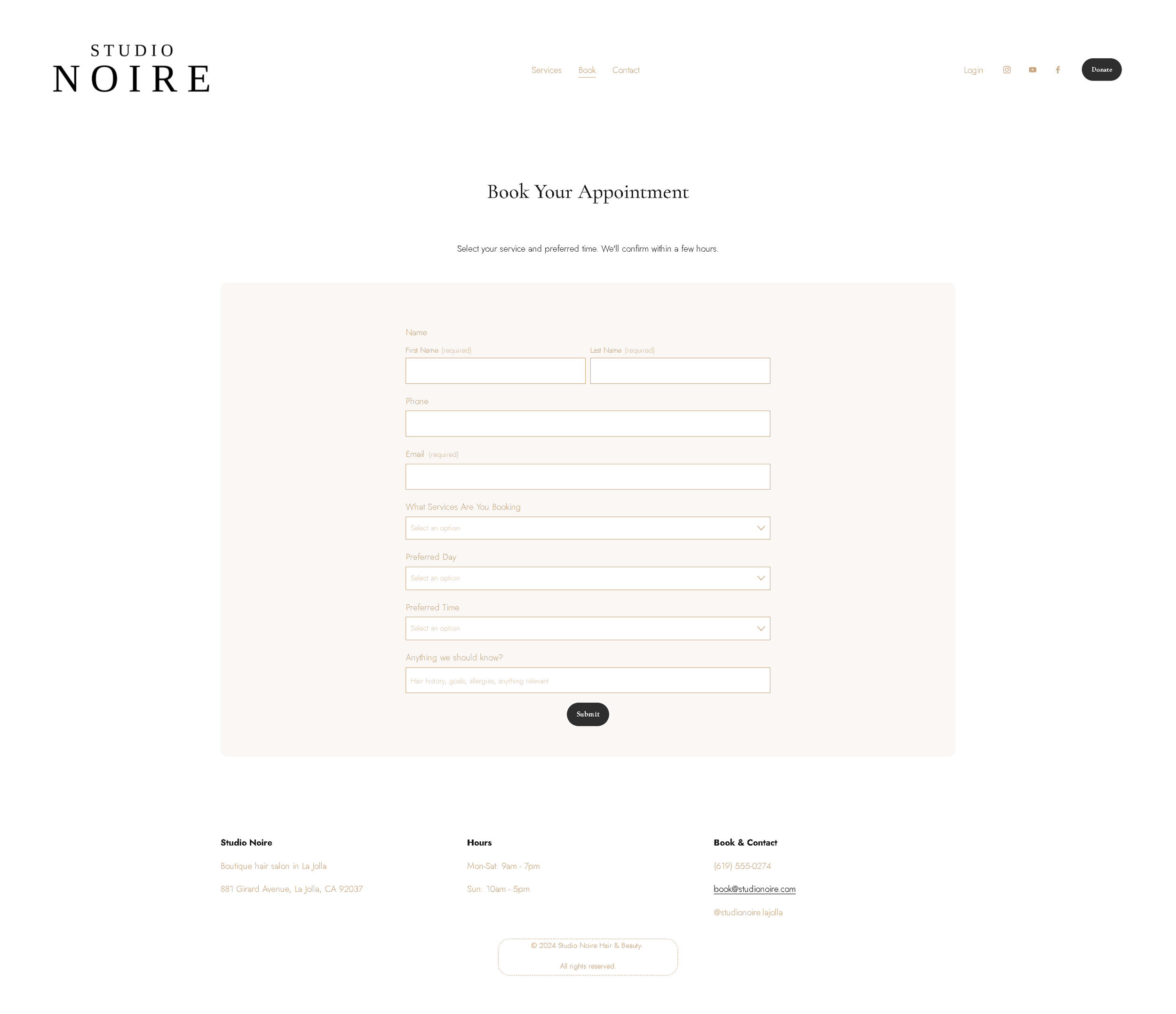 A webpage for Studio Noire Hair & Beauty. The page features a header with links to services, book, contact, login, and social media icons. There is a dark ''Donate'' button in the top right corner. The main section has a title ''Book Your Appointment