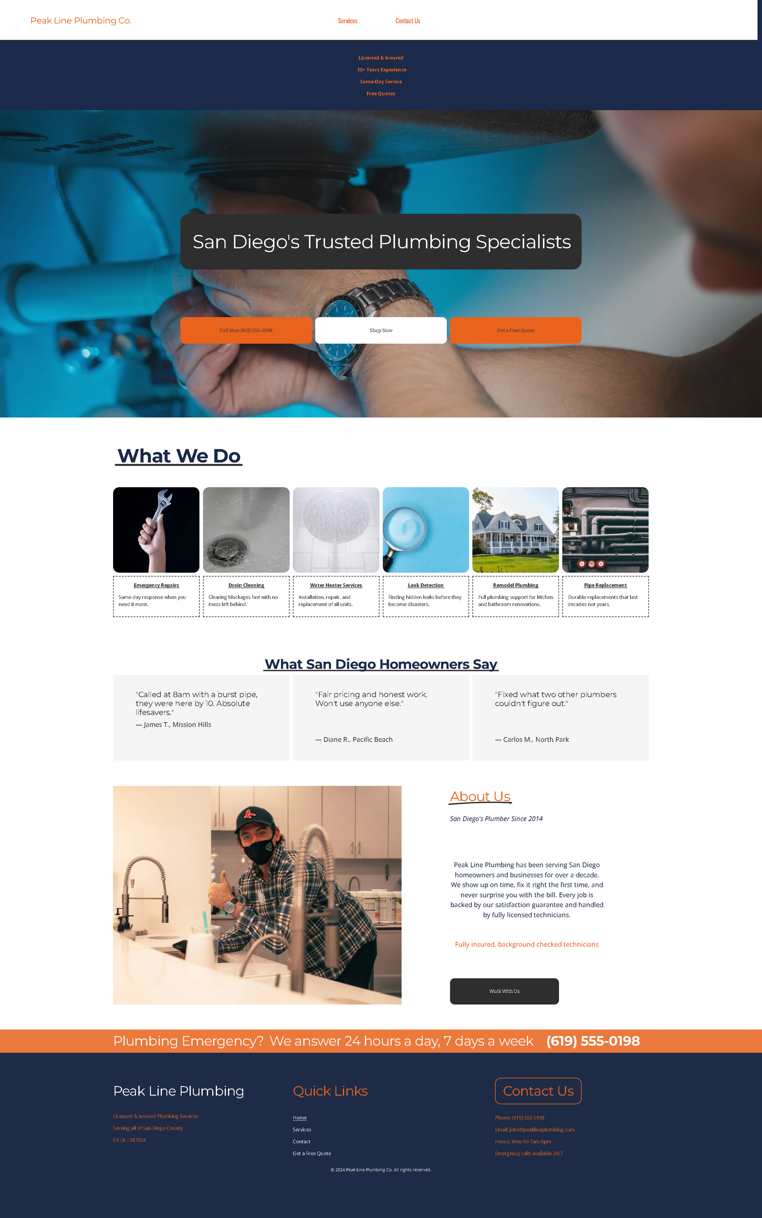 Screenshot of Peak Line Plumbing Co. website featuring a header, service overview, plumbing work imagery, technician photo, contact details, and footer navigation links.