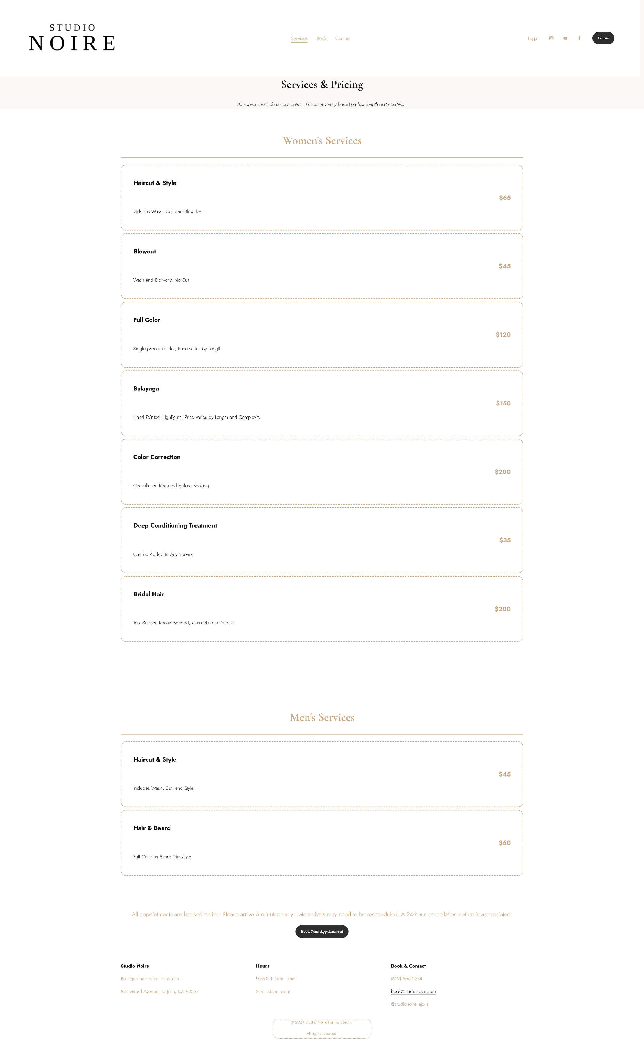Screenshot of a website page for Studio Noire, displaying women's and men's beauty services and pricing.