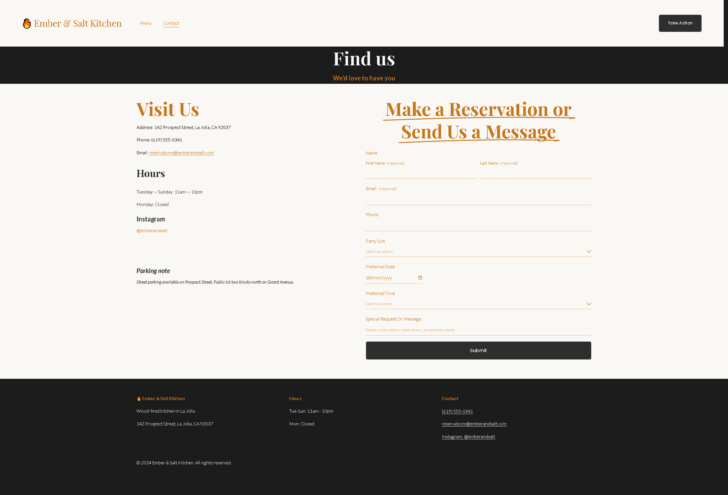 Screenshot of Ember & Salt Kitchen's contact and reservation webpage with white, black, and orange accents. Contains contact info, hours, reservation form, and social media handle.