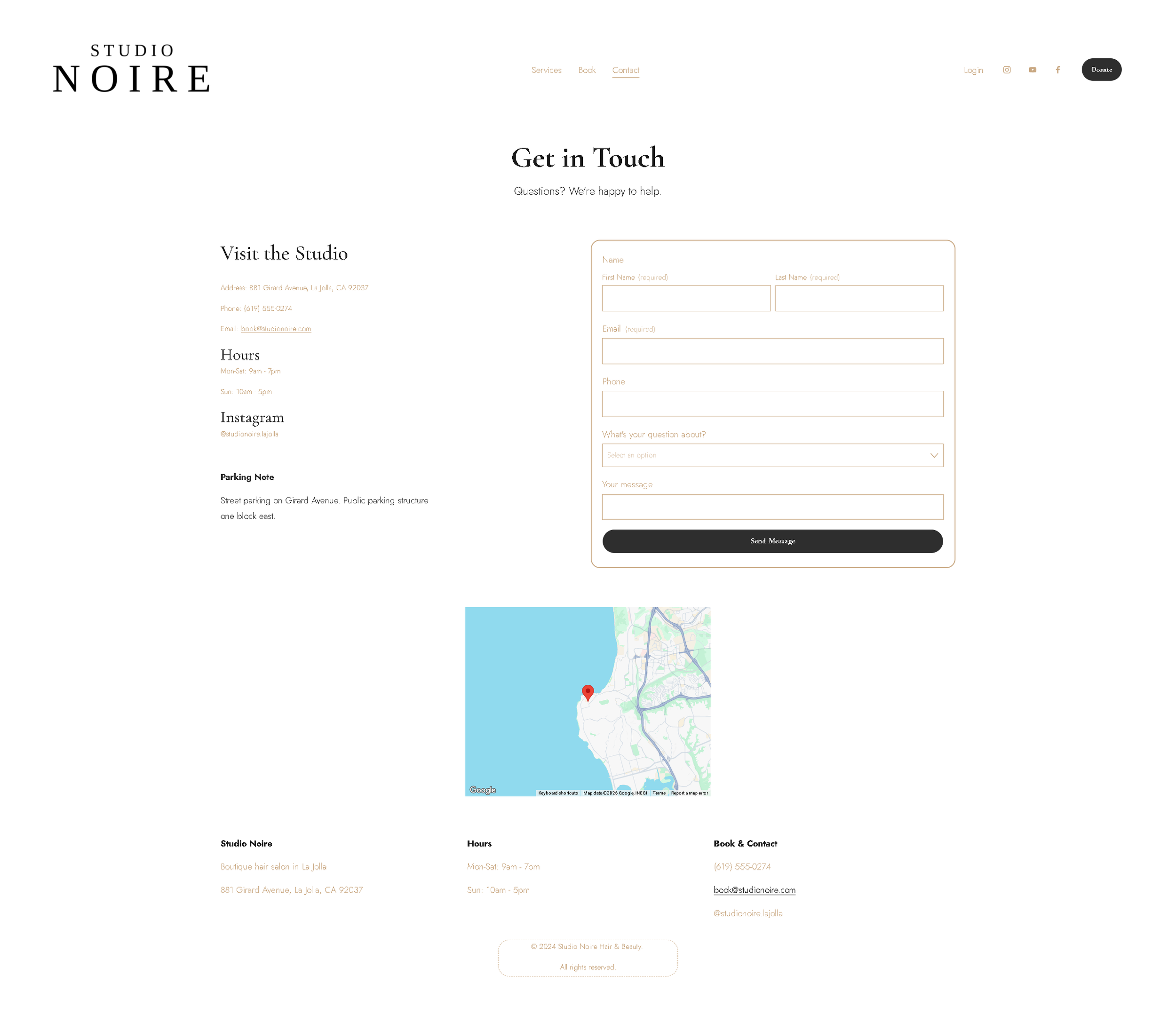 Screenshot of a website for Studio Noire hair and beauty salon in La Jolla, California, showing contact information, hours, a map of the location, and links to services, booking, and contact pages.