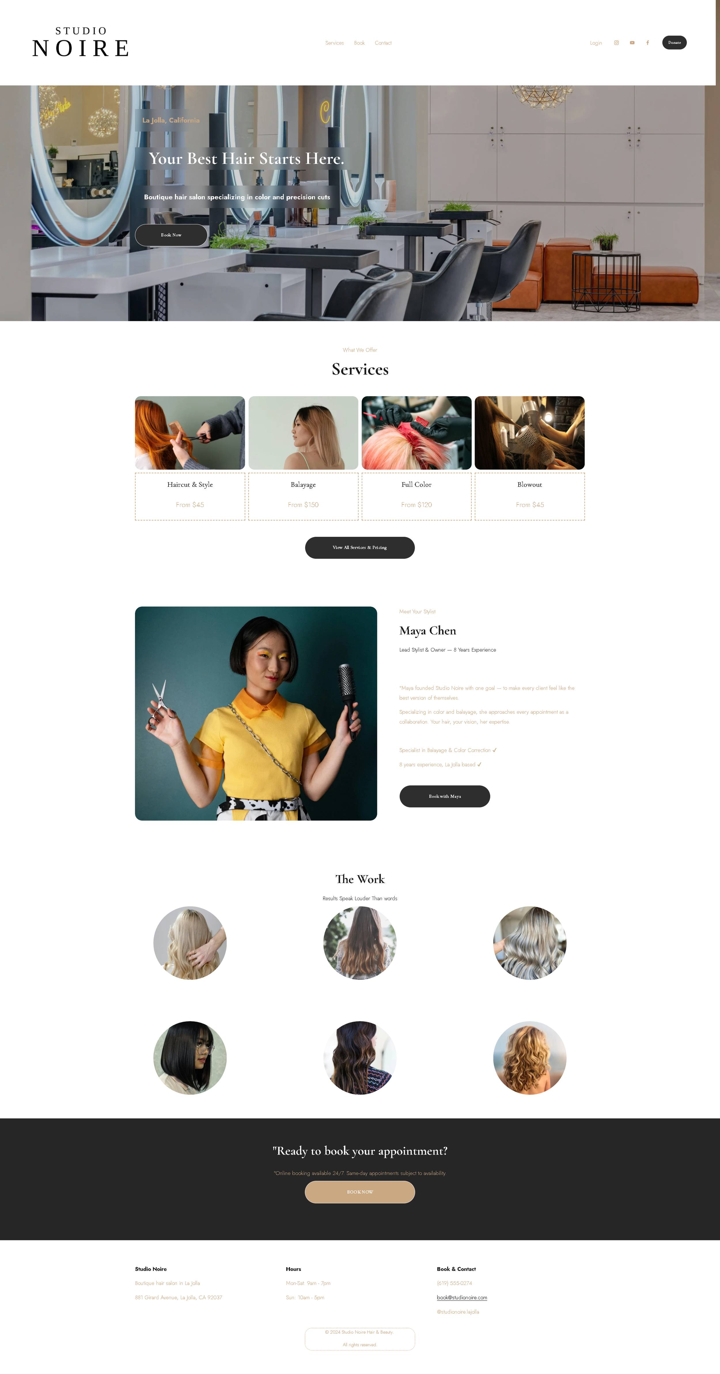 Website homepage for Studio Noire, a hair salon. Features a header with navigation links, a hero image of a salon with mirrors and chairs, a services section with images of hair treatments, a featured stylist named Maya Chen, and a section displaying