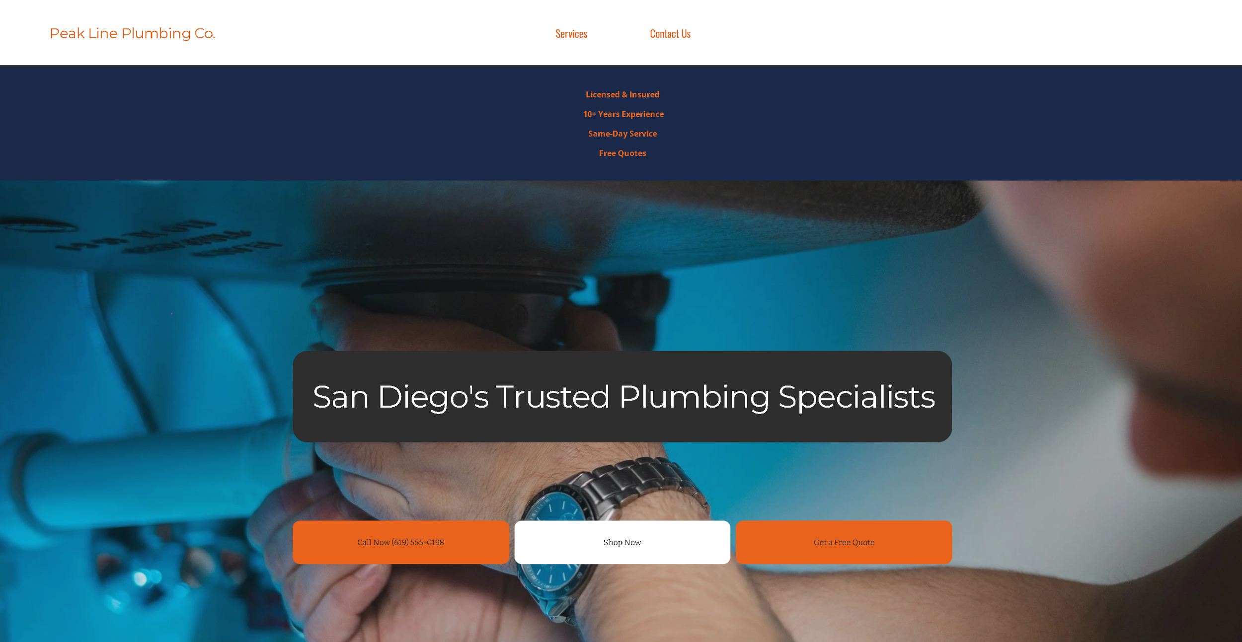 Homepage of San Diego’s Trusted Plumbing Specialists featuring a plumber adjusting a pipe valve under a sink, with branding and call-to-action elements for plumbing services and bookings.