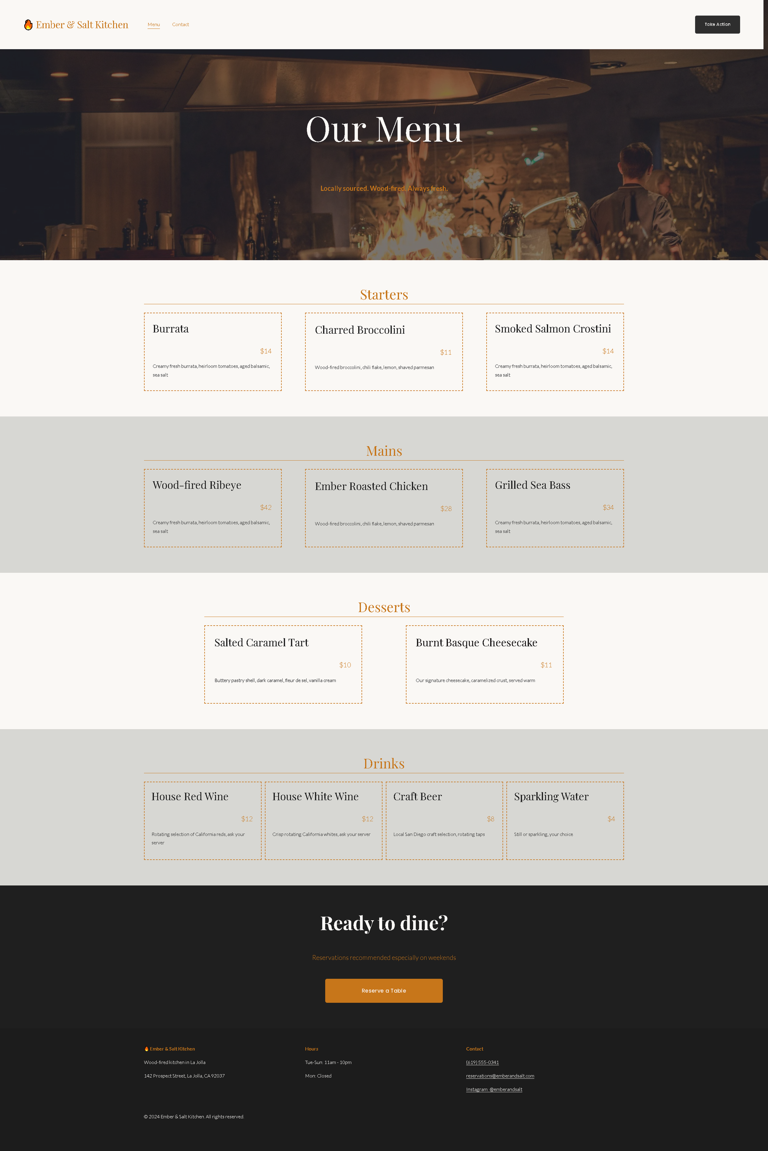 A restaurant menu webpage for Ember & Salt Kitchen with sections for starters, mains, desserts, and drinks, featuring dish names, brief descriptions, and prices.
