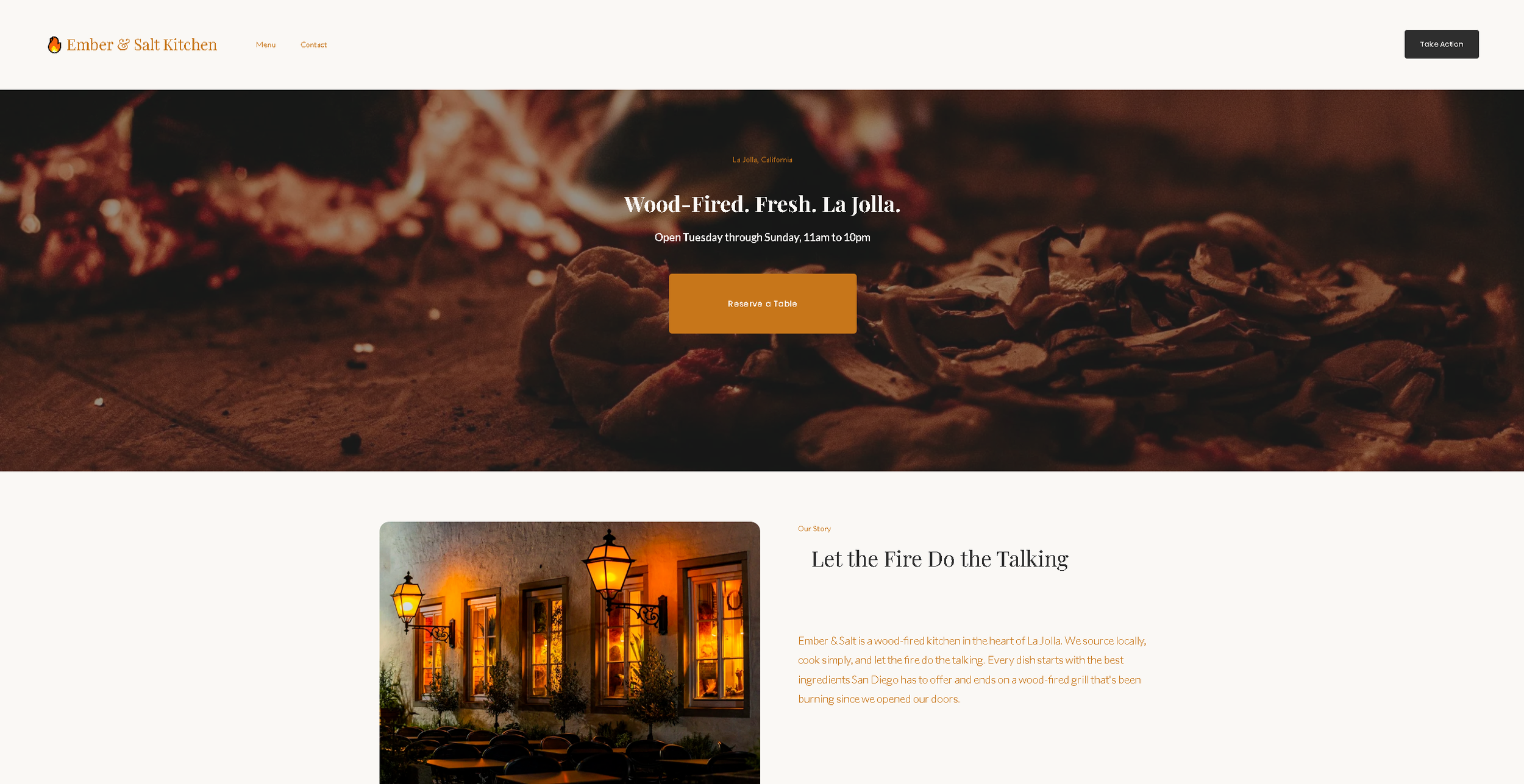 Homepage of Ember & Salt Kitchen featuring a wood-fired pizza in the background, with site navigation, logo, and a call-to-action button for reservations or orders.