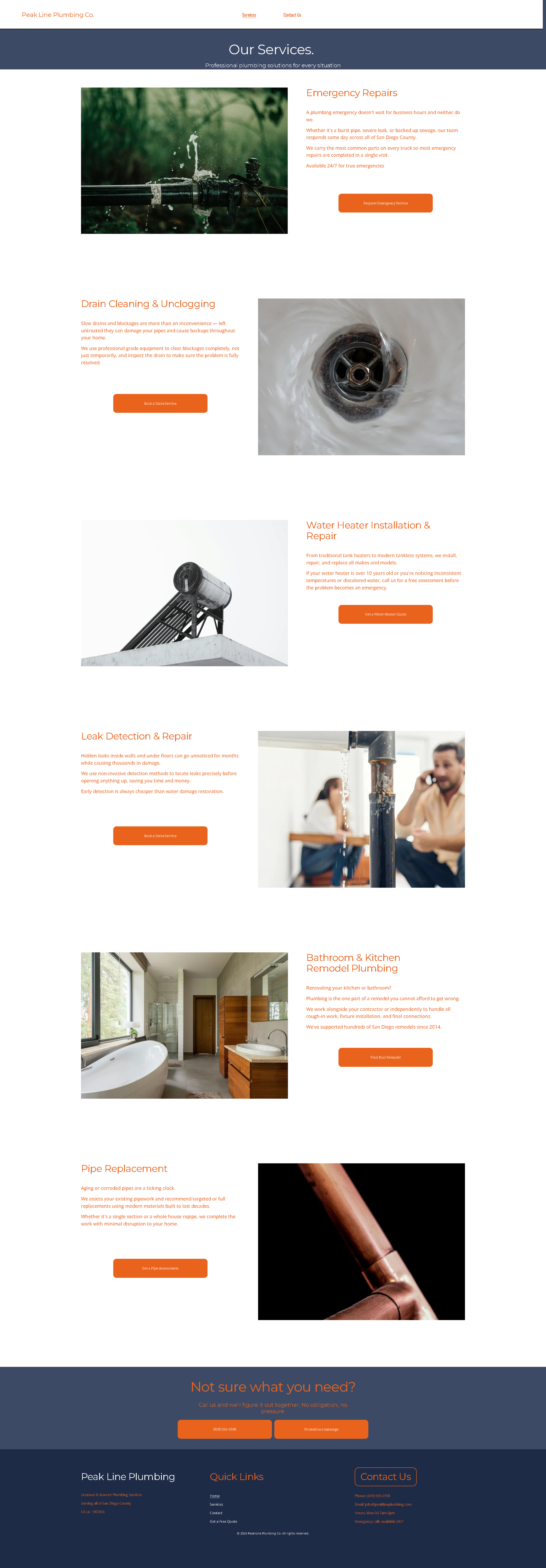 Webpage of Peak Line Plumbing Co. showcasing services: emergency repairs with an image of a leaking pipe faucet, drain cleaning with a close-up of a clogged drain, water heater installation with a water heater on a rooftop, leak detection with a pers