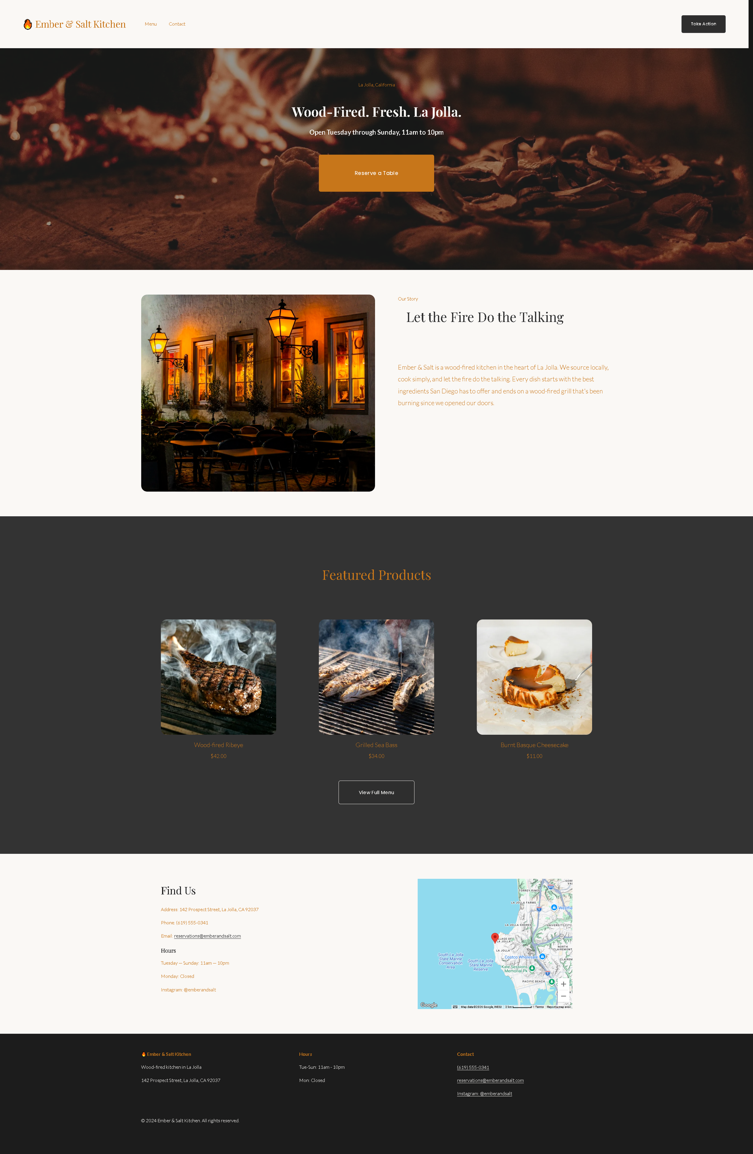 Homepage of Ember & Salt Kitchen featuring a hero image of a wood-fired oven with a pizza coming out, and a section showing the restaurant's exterior with lit lanterns and outdoor seating.