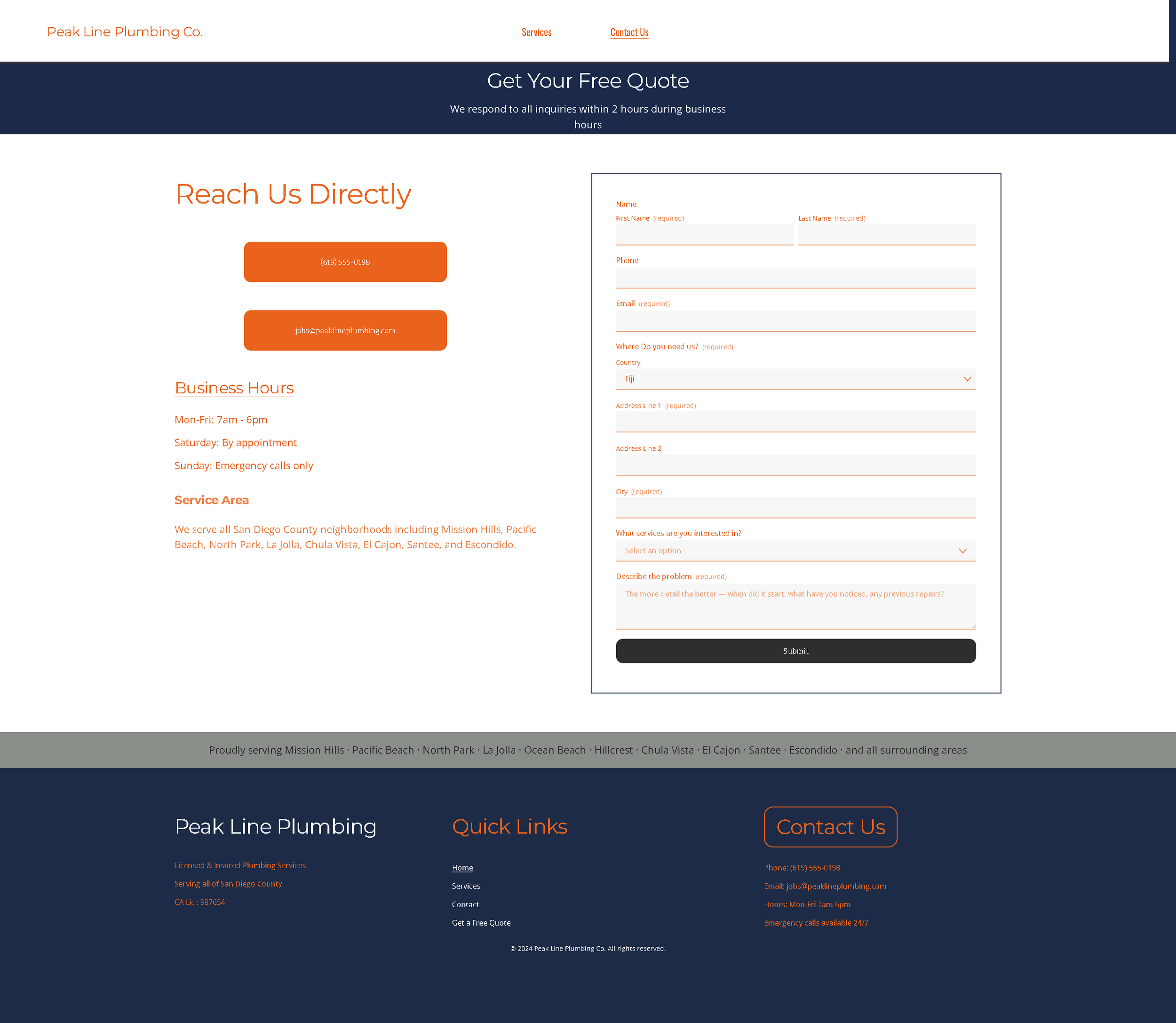 A screenshot of a plumbing company's website homepage. The website belongs to Peak Line Plumbing Co., and features sections for services, contact information, a free quote form, business hours, service areas, and company details in Mission Hills, Pac