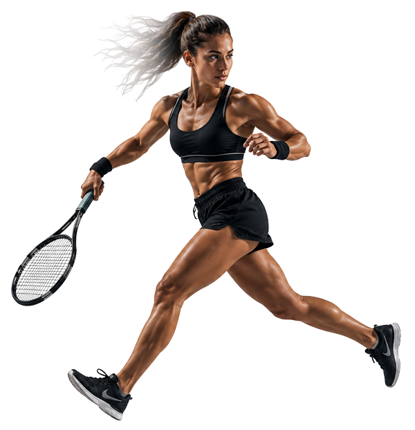 Frau beim Tennisspielen in sportlicher Kleidung, bereit zum Schlag.